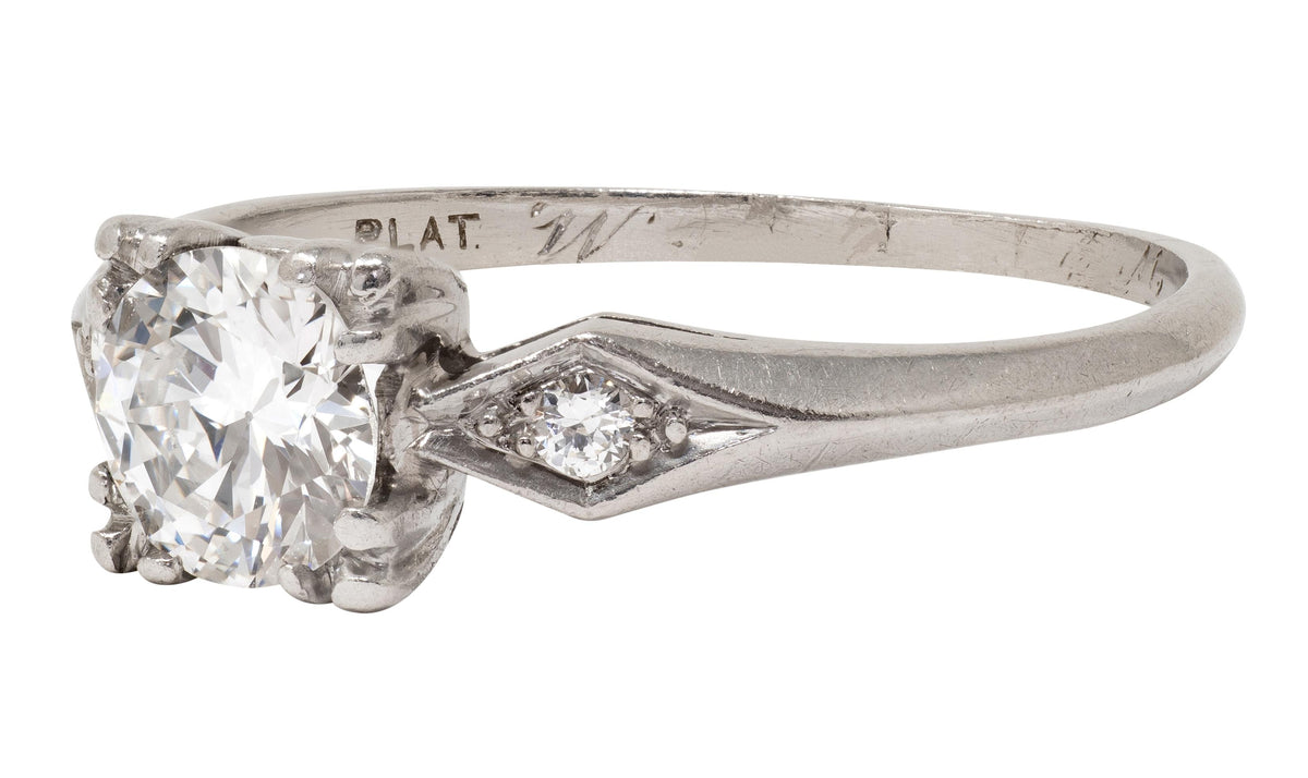 Retro 1945 Transitional Cut Diamond Platinum Vintage Geometric Engagement Ring