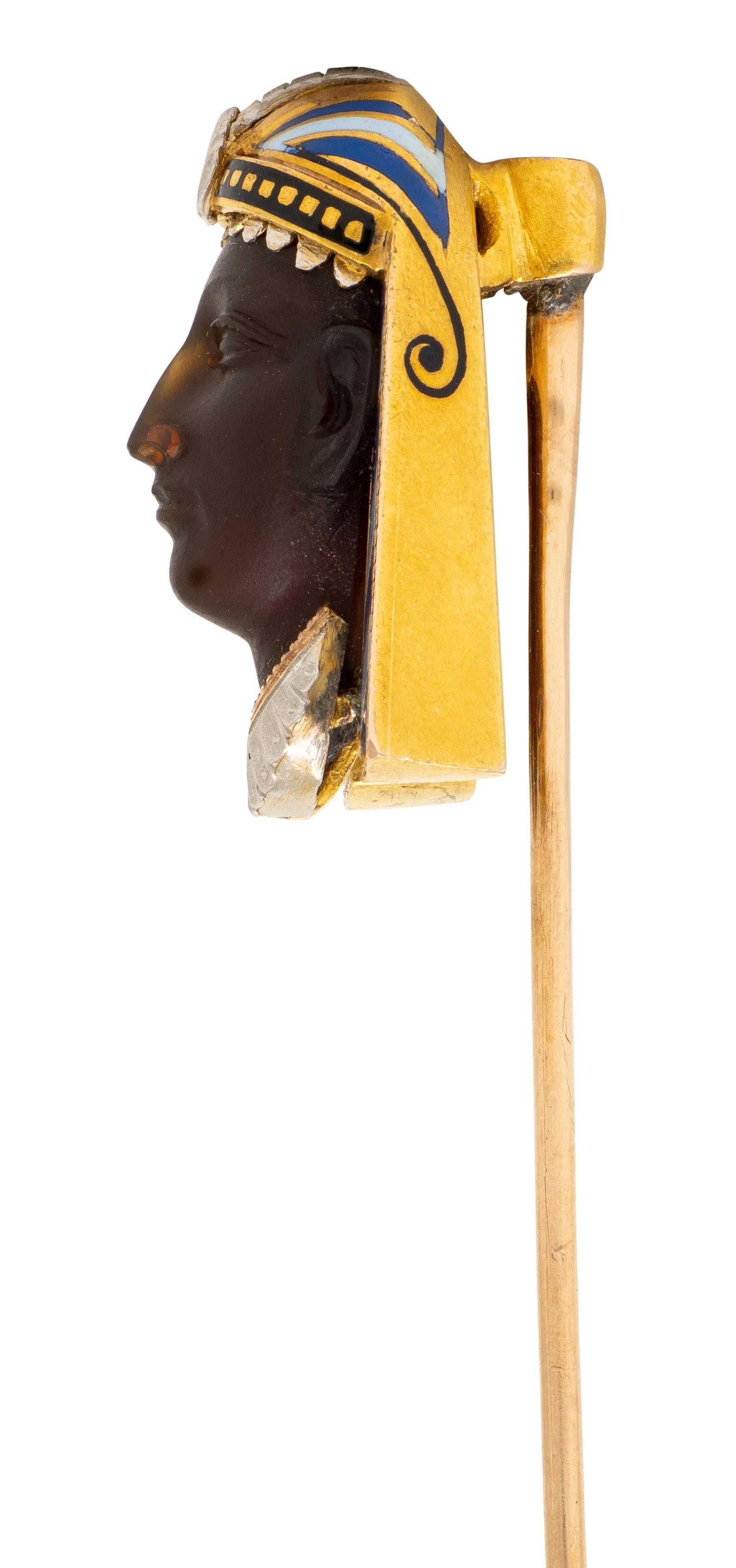 Art Deco Egyptian Carnelian Enamel 14K Gold Platinum Antique Pharaoh Stickpin