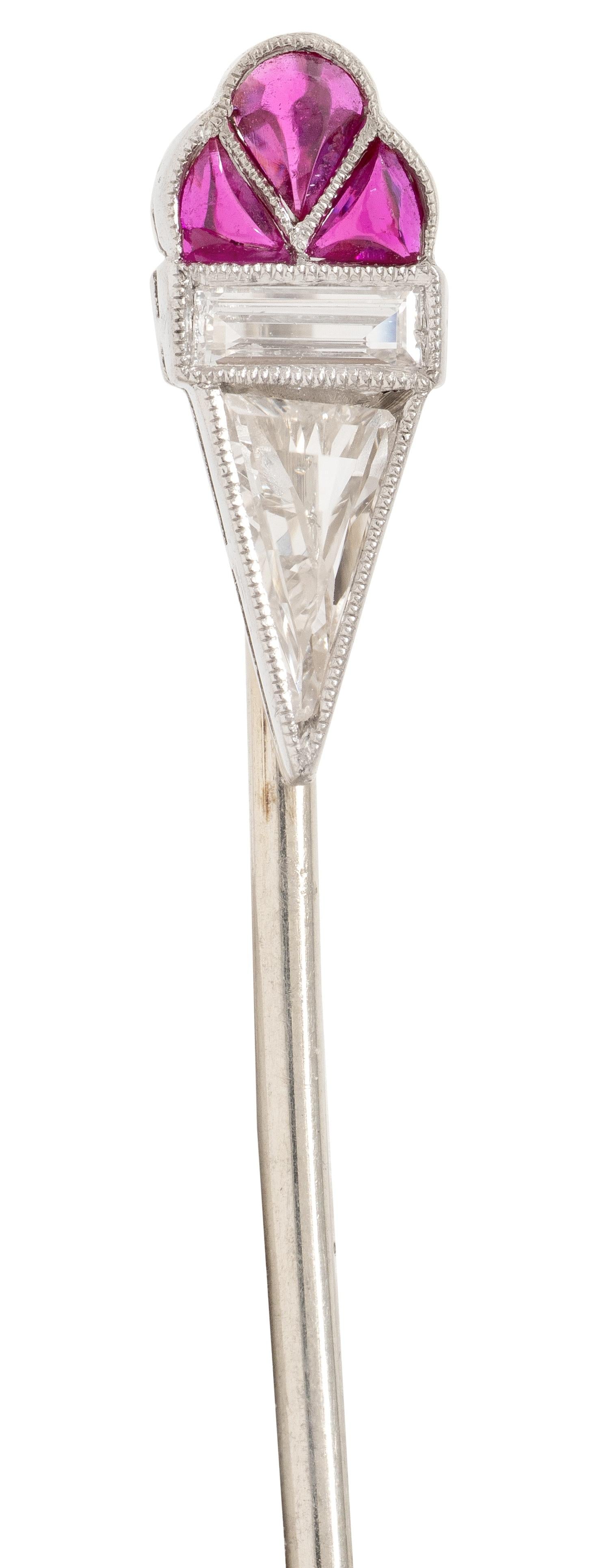 Art Deco Diamond Ruby 18 Karat White Gold Platinum Vintage Torch Stickpin