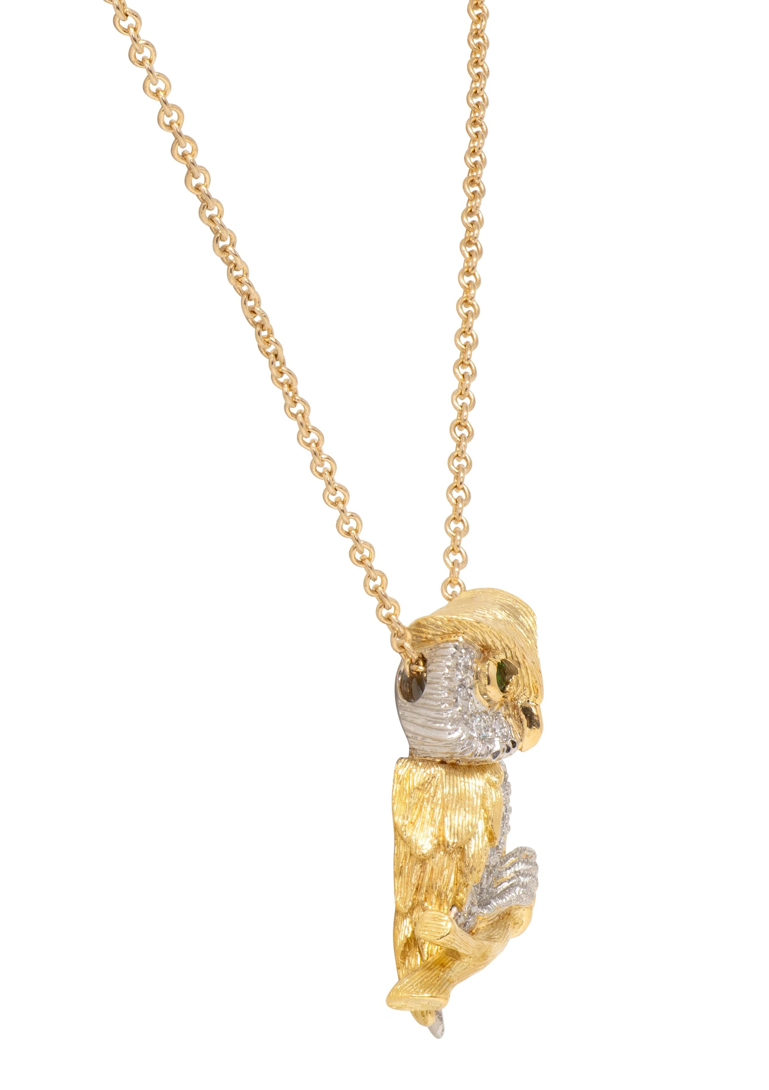 Mctiegue 1960's Garnet Diamond 18K Gold Platinum Vintage Owl Pendant Necklace