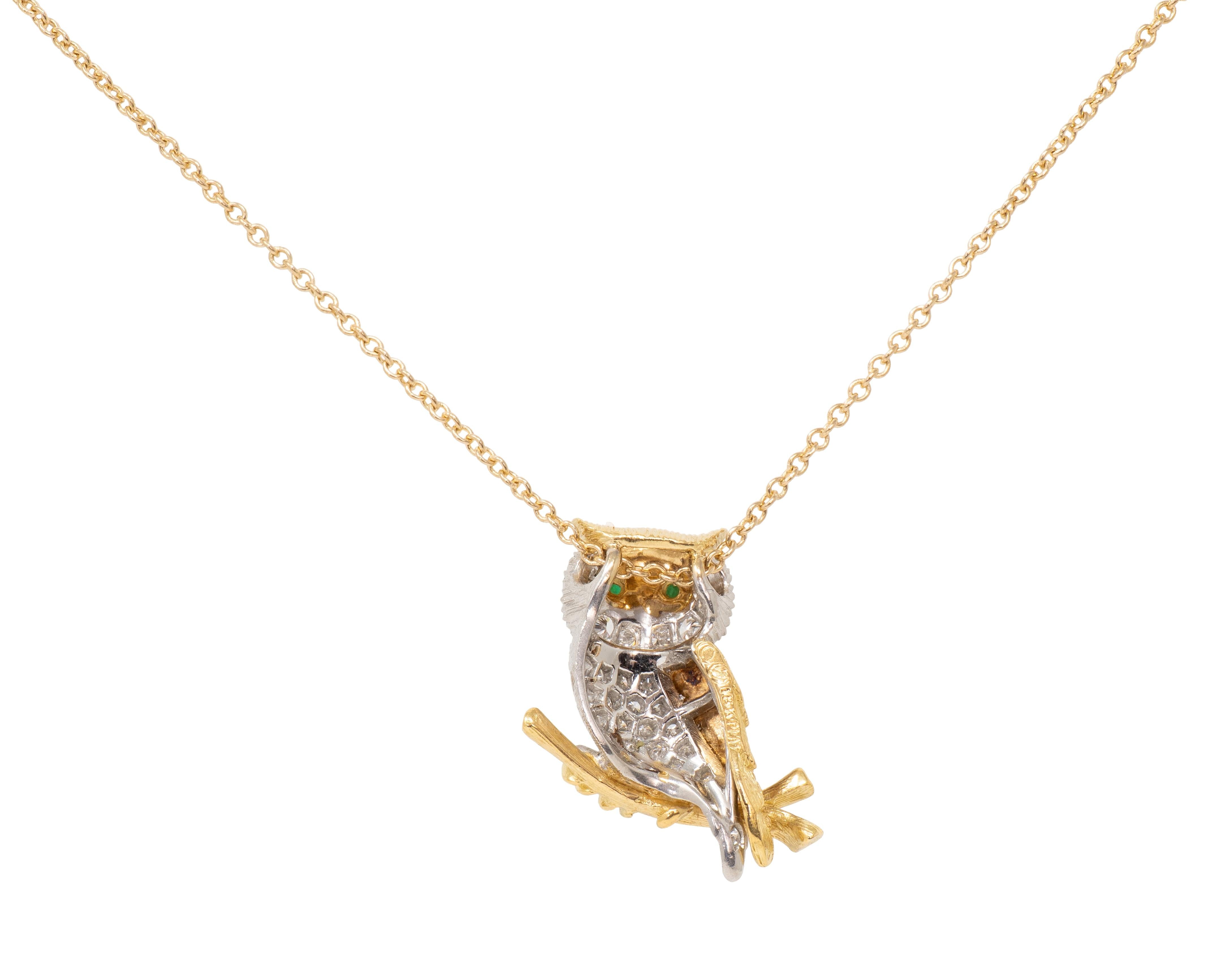 Mctiegue 1960's Garnet Diamond 18K Gold Platinum Vintage Owl Pendant Necklace