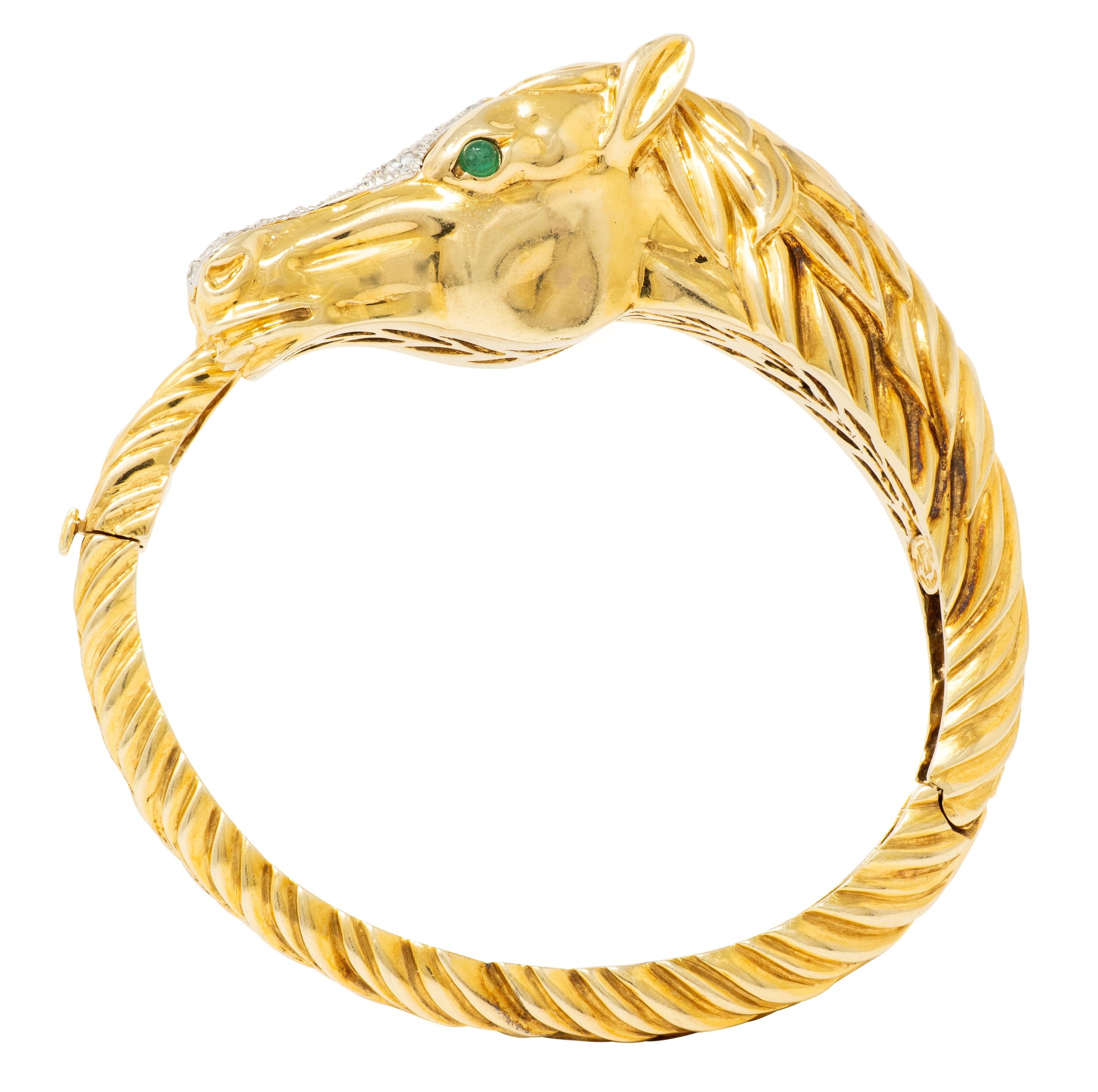 La Triomphe 1980 Emerald Diamond 14K Gold Platinum Vintage Horse Bypass Bracelet