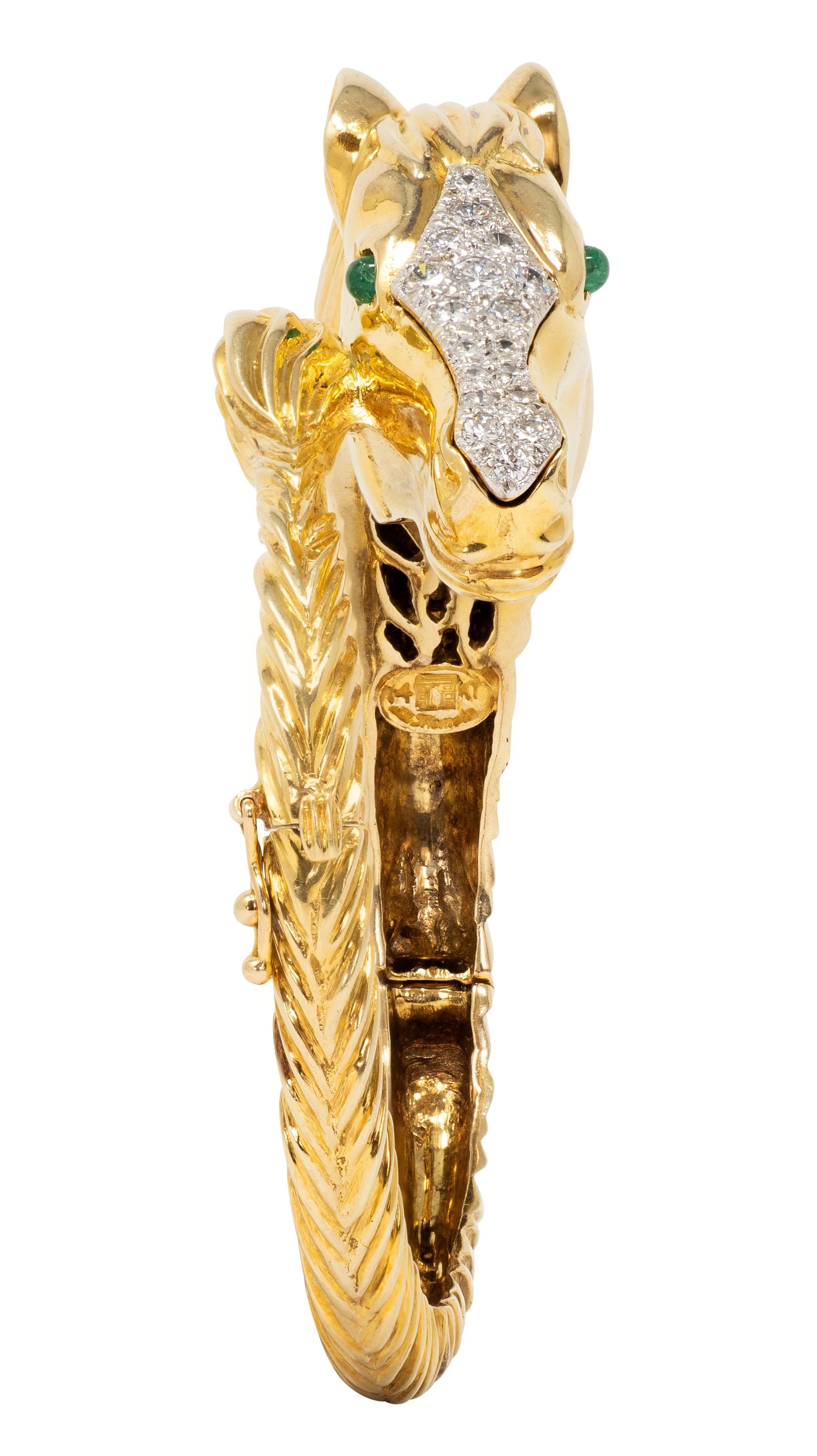 La Triomphe 1980 Emerald Diamond 14K Gold Platinum Vintage Horse Bypass Bracelet