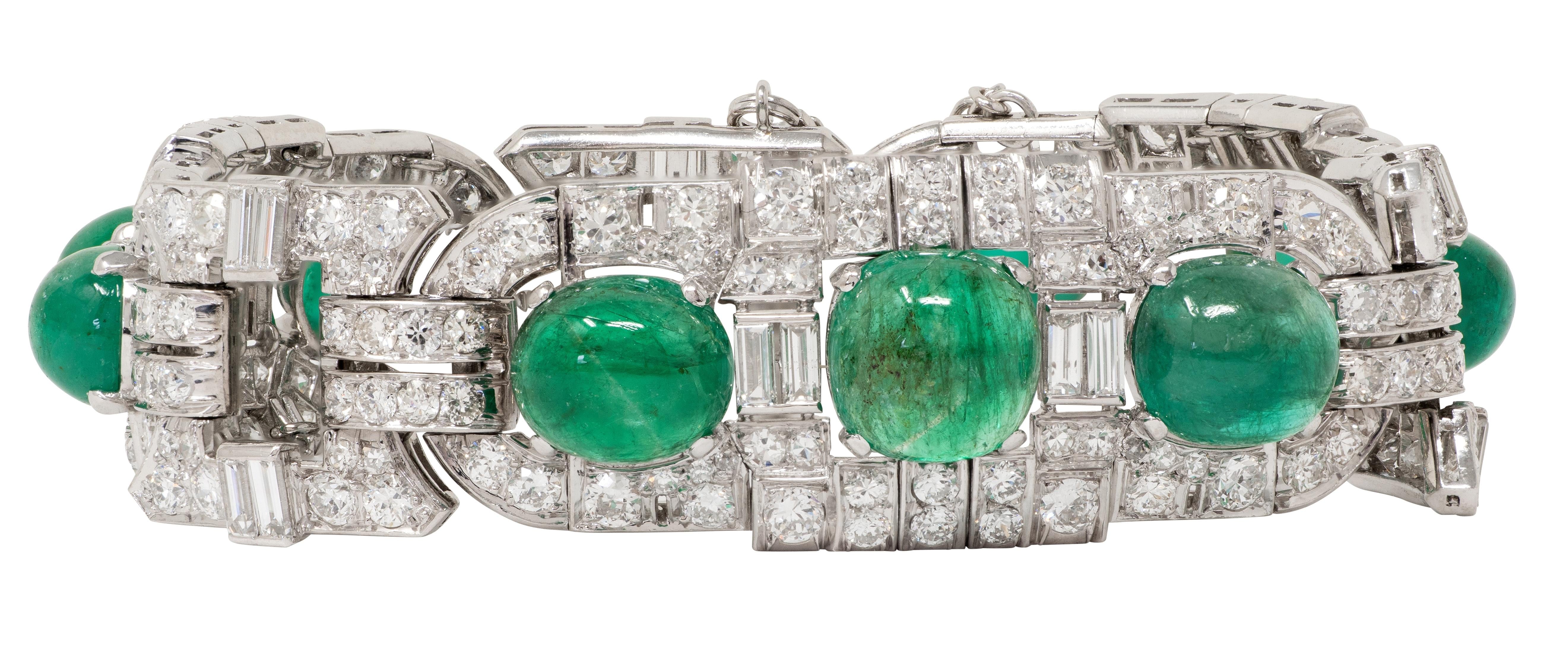Art Deco 50.70 CTW Emerald Diamond Platinum Vintage Buckle Line Bracelet