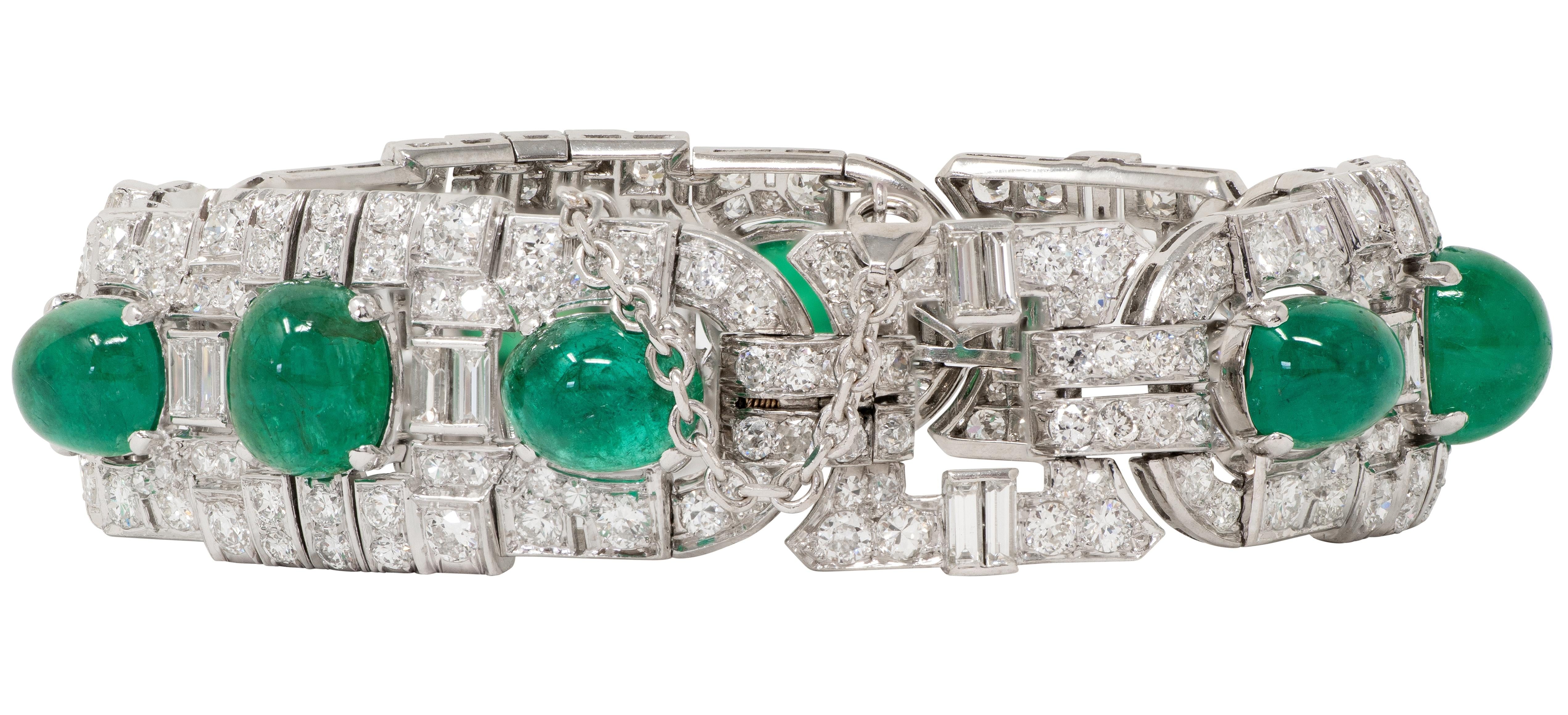 Art Deco 50.70 CTW Emerald Diamond Platinum Vintage Buckle Line Bracelet
