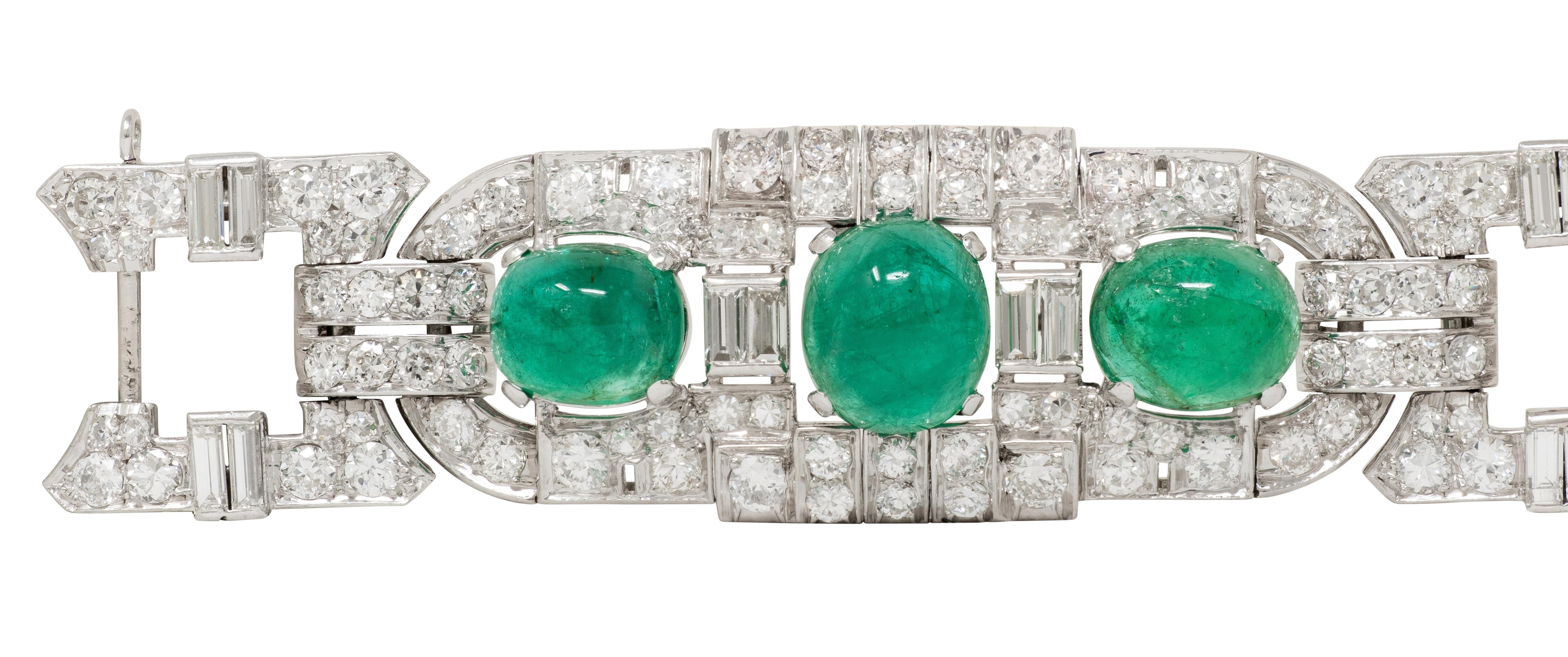 Art Deco 50.70 CTW Emerald Diamond Platinum Vintage Buckle Line Bracelet