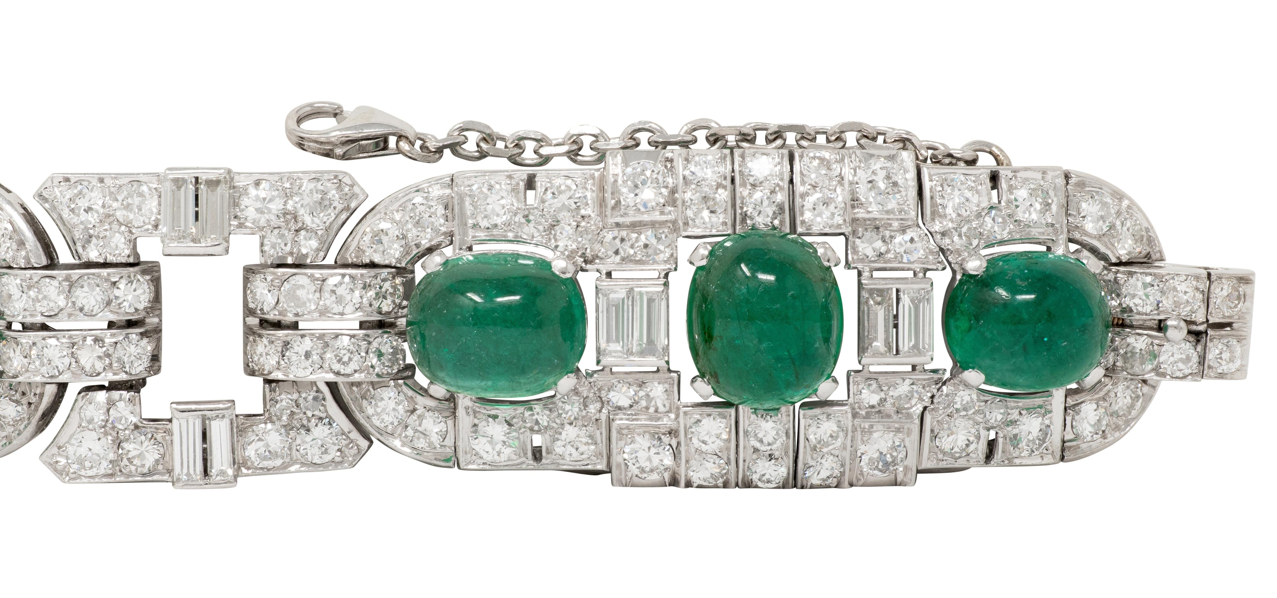 Art Deco 50.70 CTW Emerald Diamond Platinum Vintage Buckle Line Bracelet