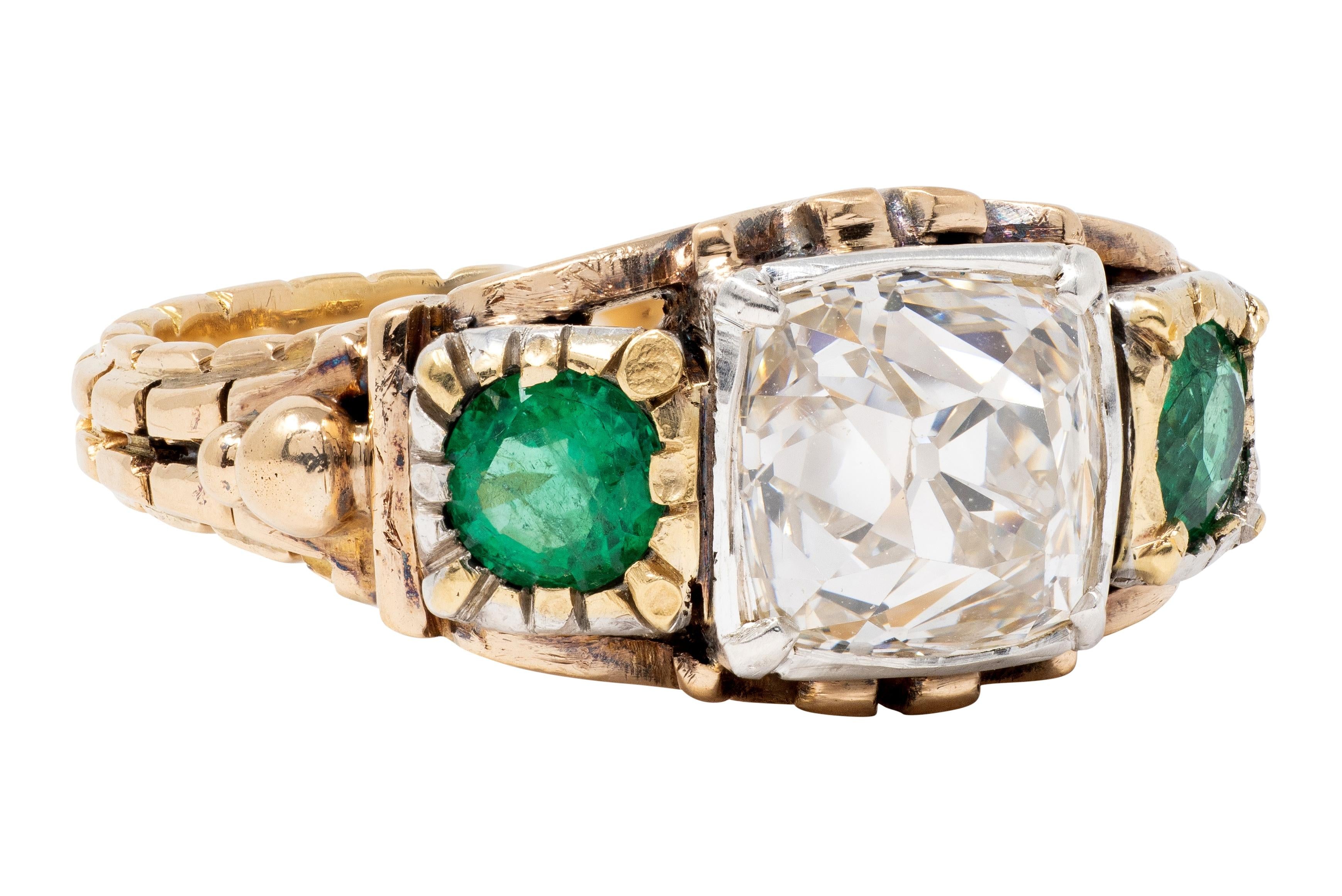 Early Victorian 3.92 CTW Peruzzi Cut Diamond Emerald 18 Karat Gold Antique Ring