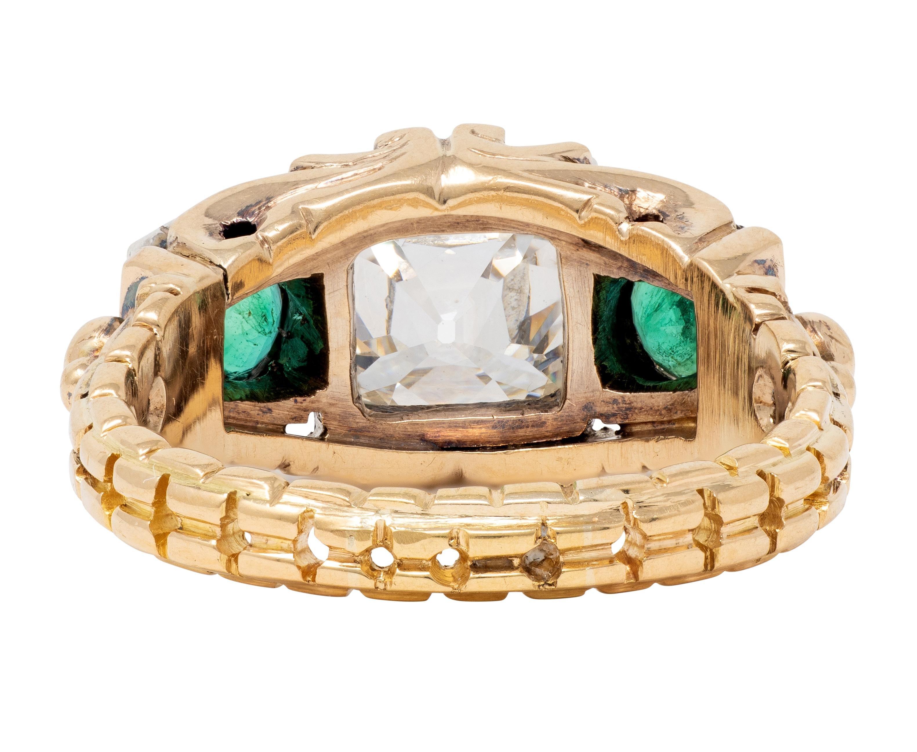 Early Victorian 3.92 CTW Peruzzi Cut Diamond Emerald 18 Karat Gold Antique Ring