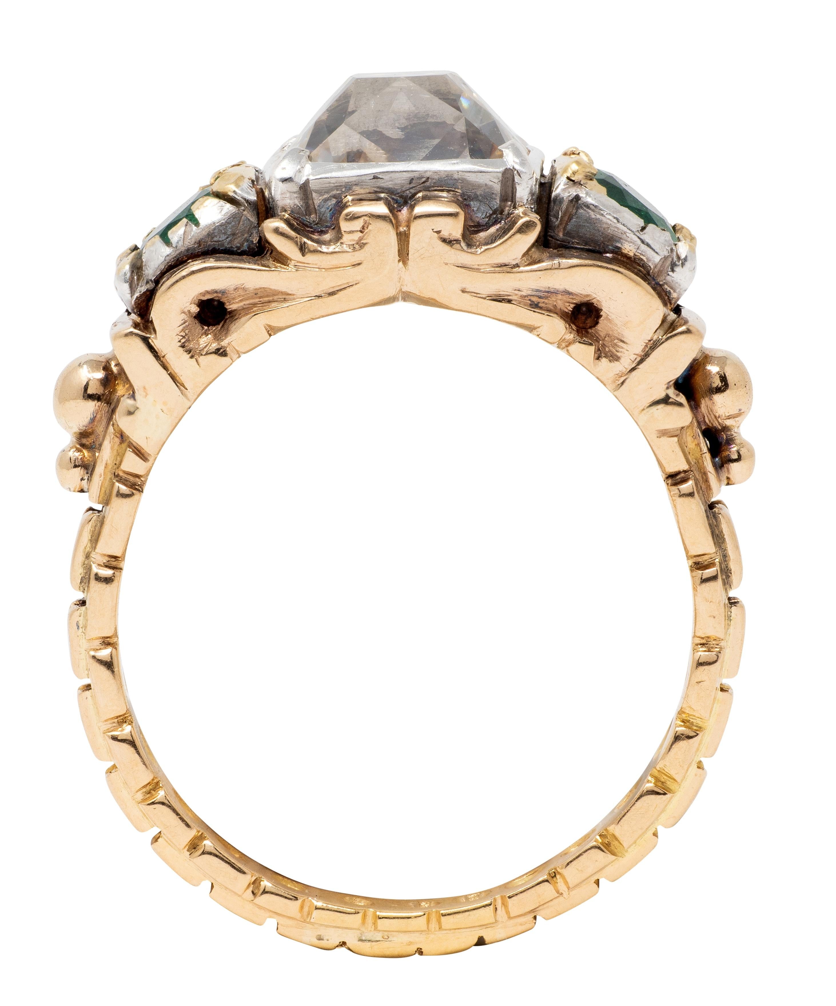 Early Victorian 3.92 CTW Peruzzi Cut Diamond Emerald 18 Karat Gold Antique Ring