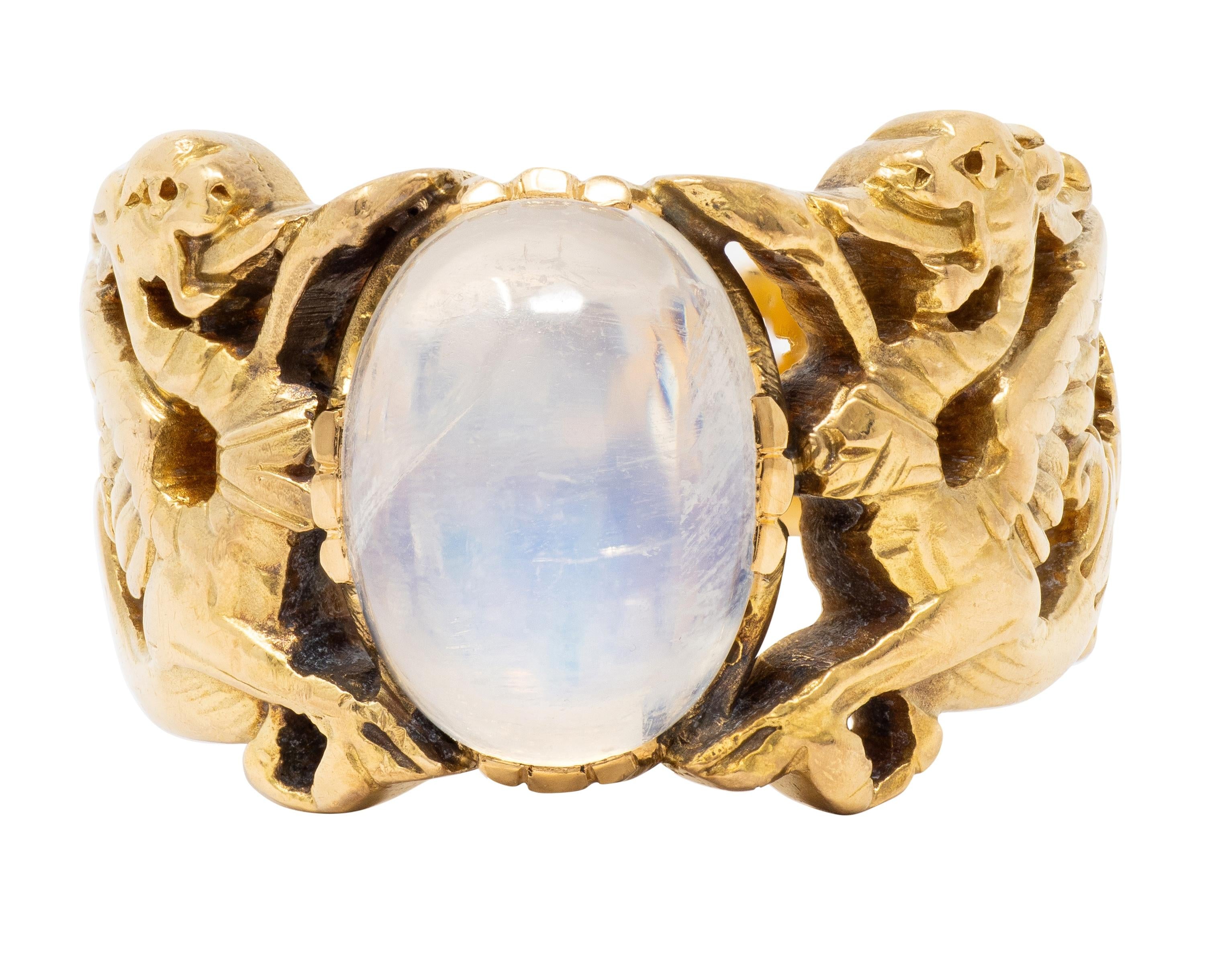 Art Nouveau Moonstone 18 Karat Yellow Gold Antique Griffon Unisex Foliate Ring