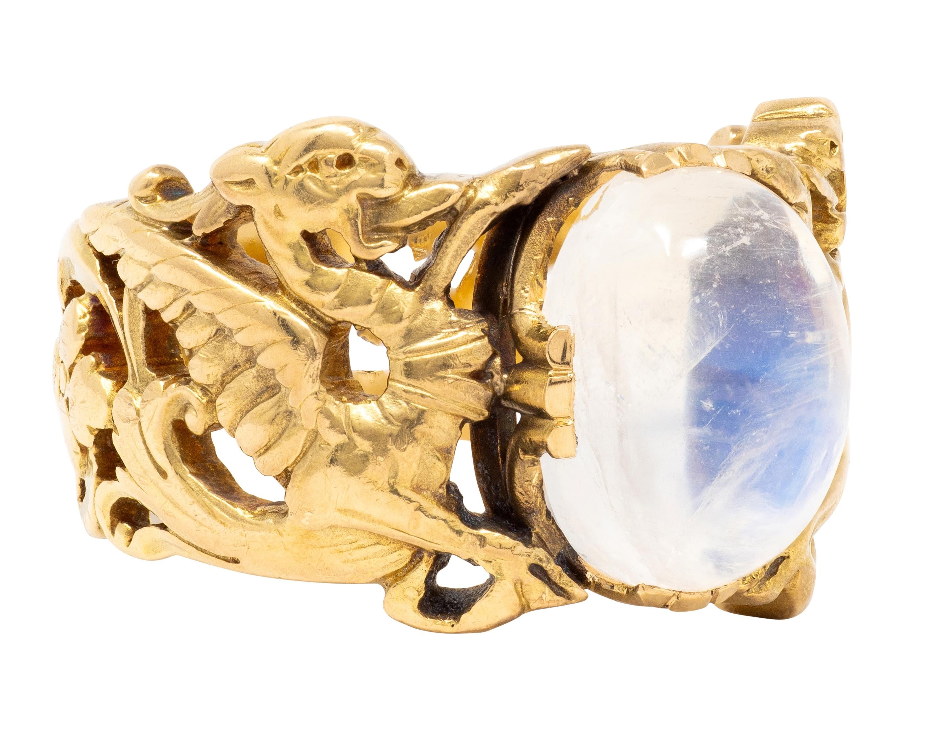 Art Nouveau Moonstone 18 Karat Yellow Gold Antique Griffon Unisex Foliate Ring