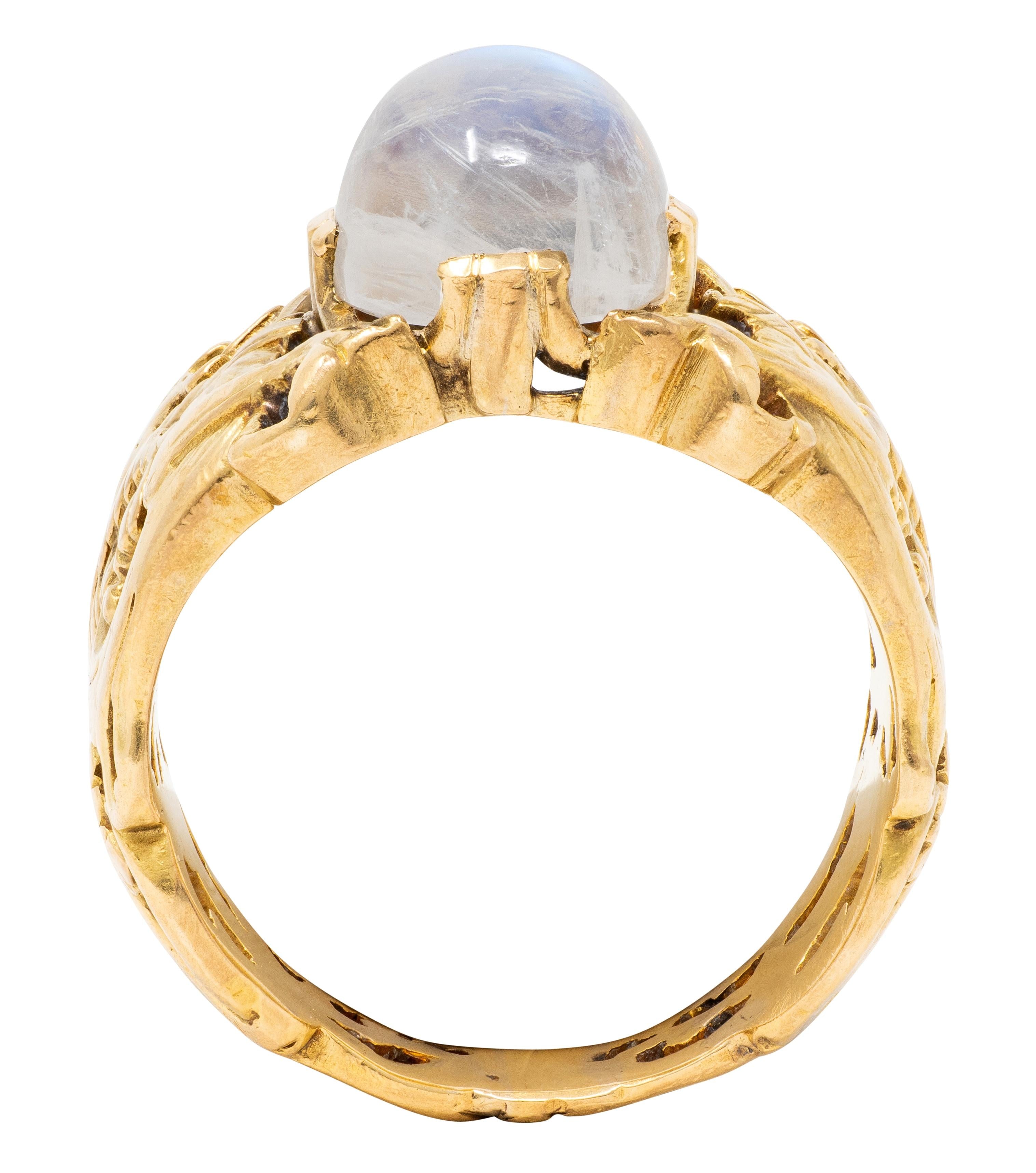 Art Nouveau Moonstone 18 Karat Yellow Gold Antique Griffon Unisex Foliate Ring