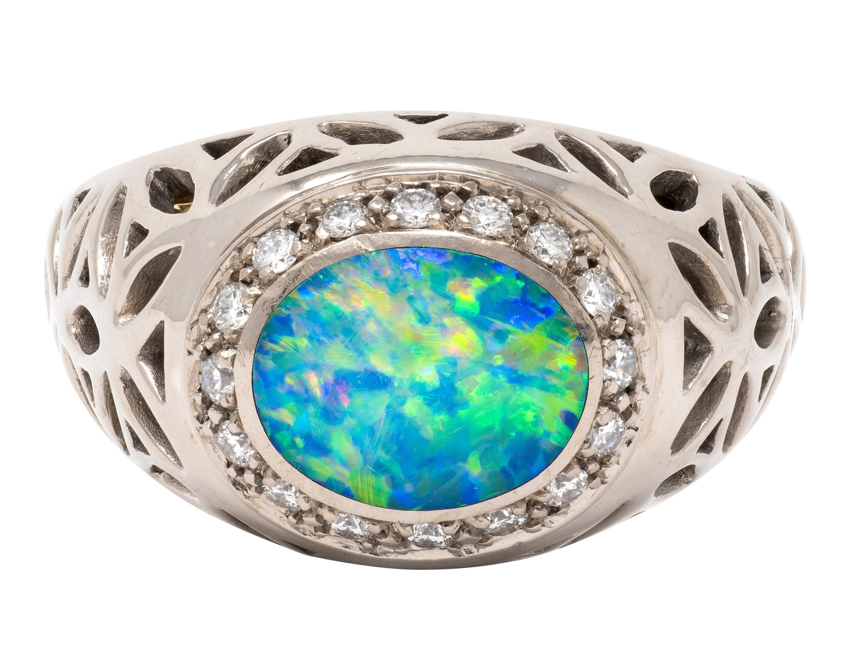B & H 2000's Opal Diamond 18 Karat Two-Tone Gold Contemporary Foliate Halo Ring