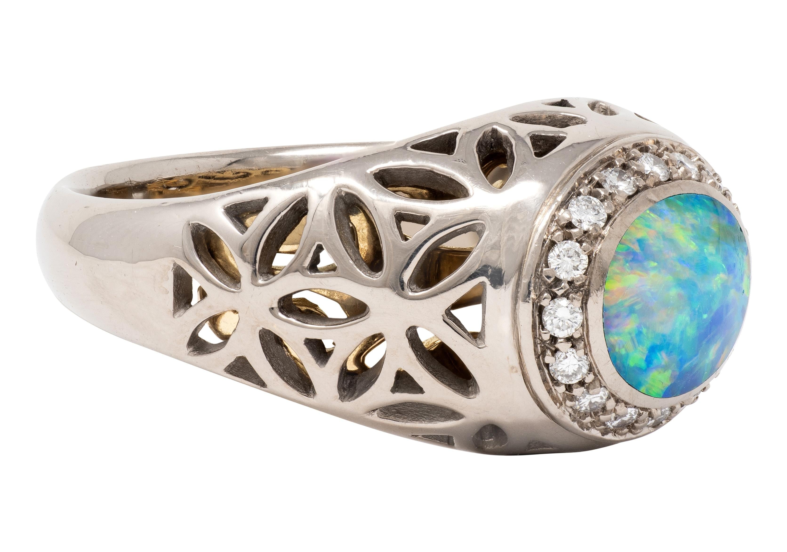 B & H 2000's Opal Diamond 18 Karat Two-Tone Gold Contemporary Foliate Halo Ring
