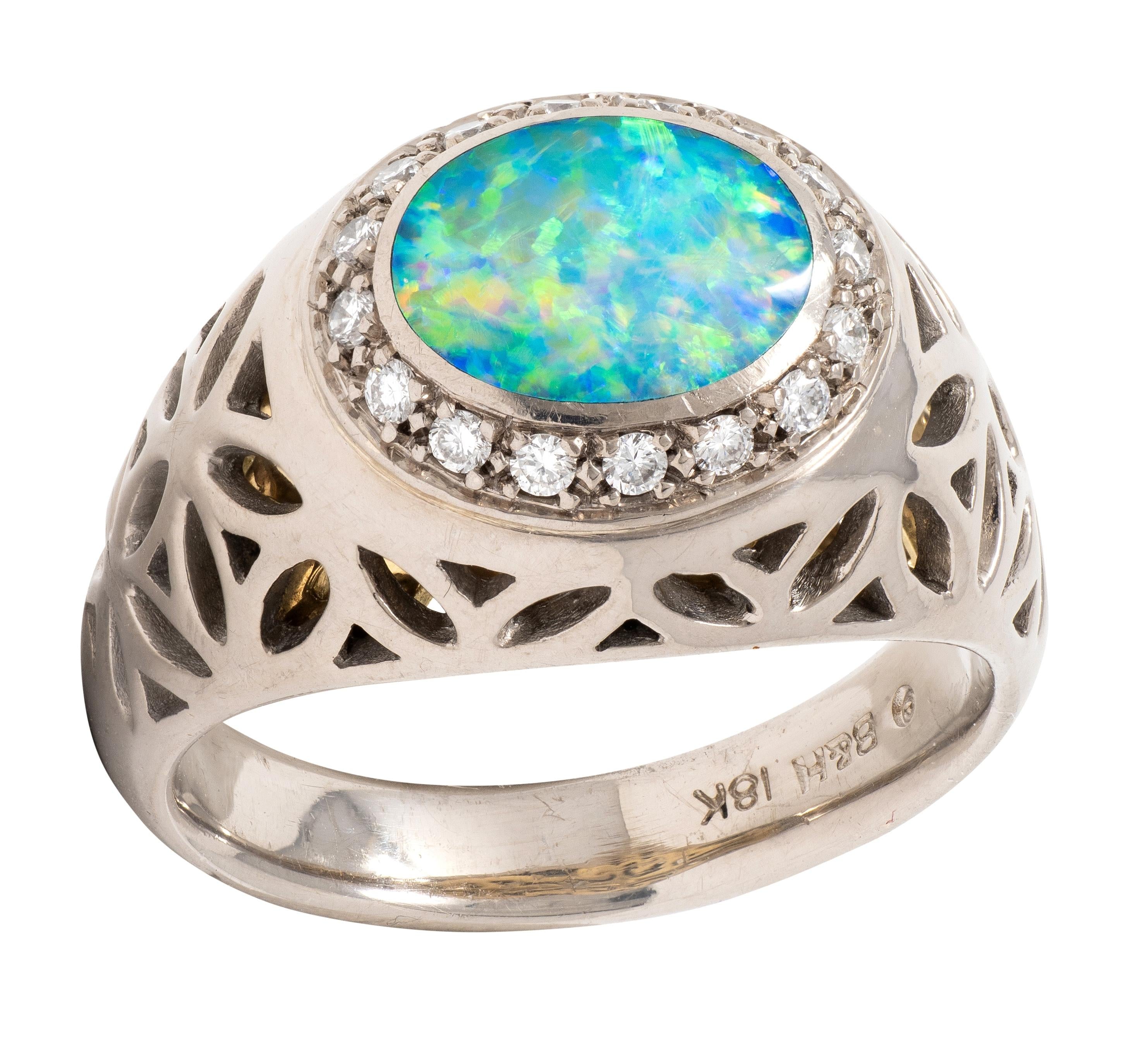 B & H 2000's Opal Diamond 18 Karat Two-Tone Gold Contemporary Foliate Halo Ring