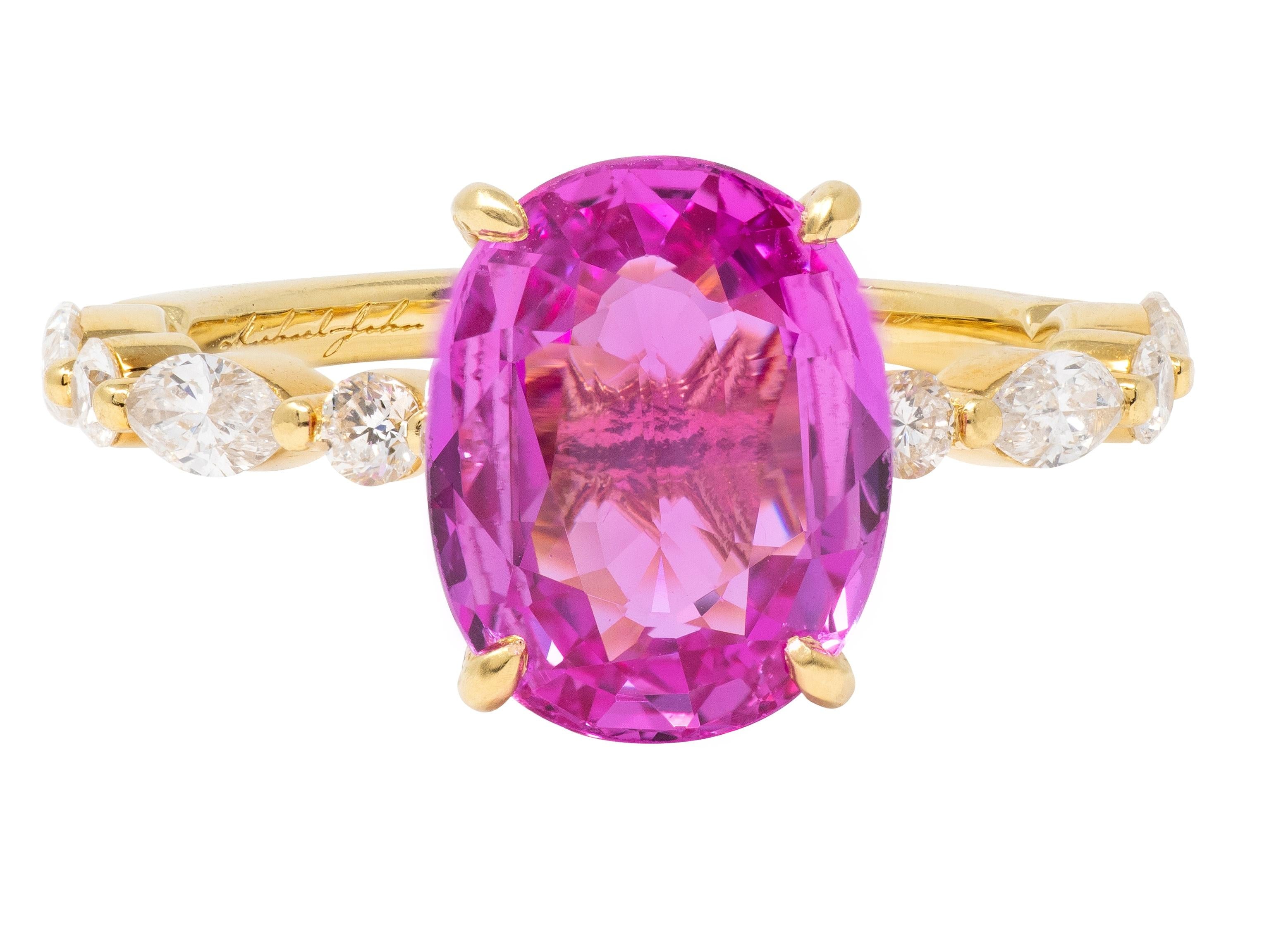 Michael John 4.14 CTW Pink Sapphire Diamond 18K Gold Contemporary Halo Ring