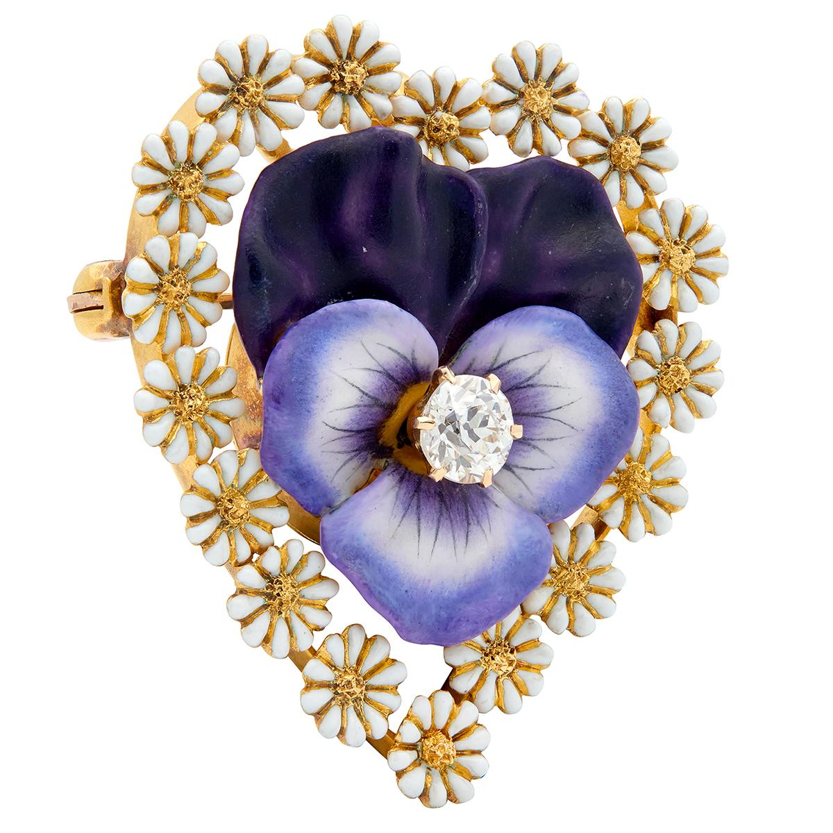 T.B. Starr Victorian 1885 Diamond Enamel 14K Gold Antique Pansy Daisy Brooch