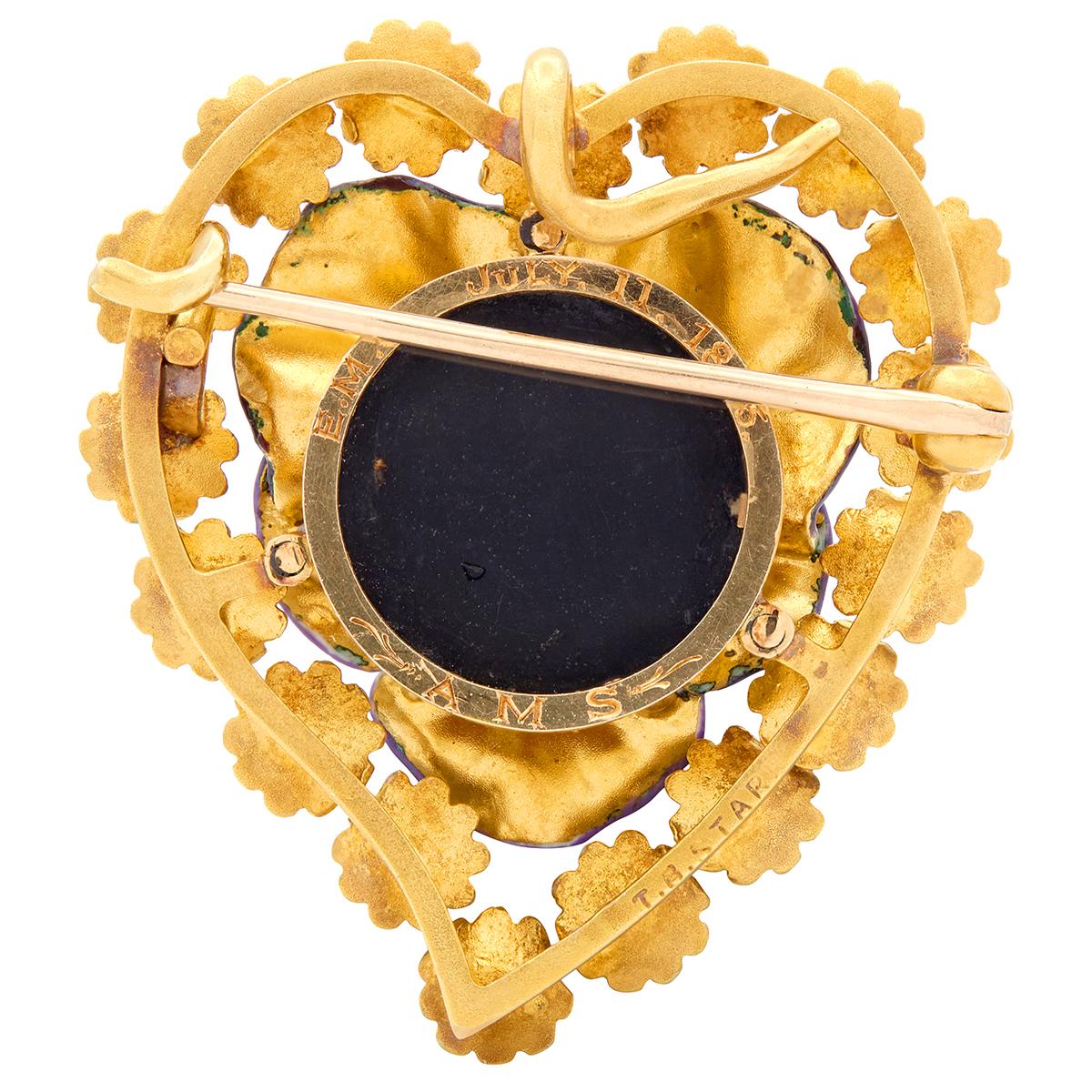 T.B. Starr Victorian 1885 Diamond Enamel 14K Gold Antique Pansy Daisy Brooch