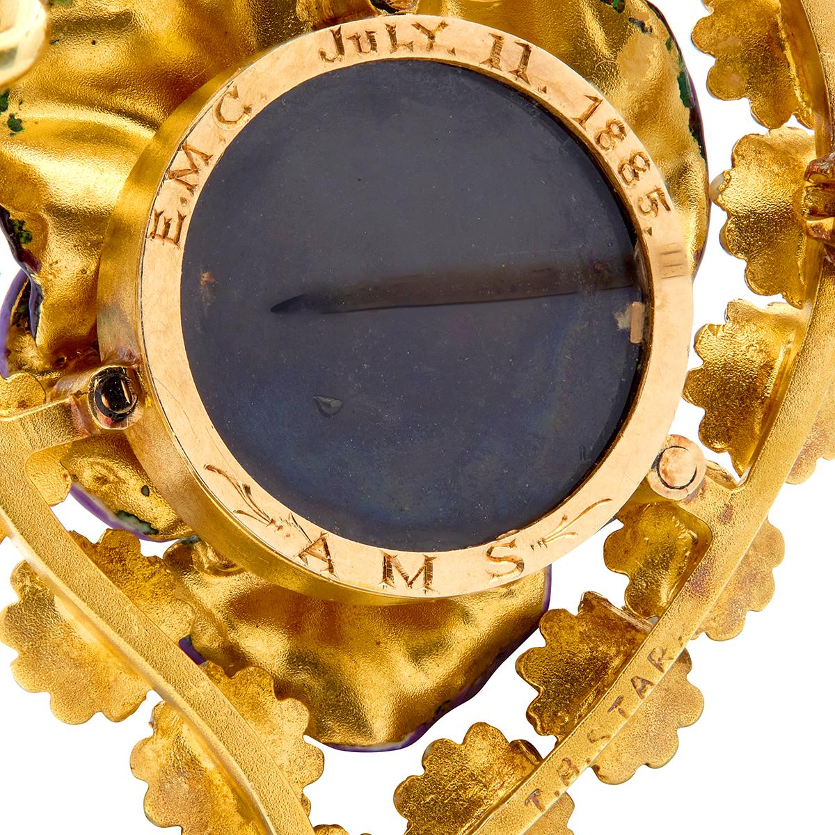 T.B. Starr Victorian 1885 Diamond Enamel 14K Gold Antique Pansy Daisy Brooch