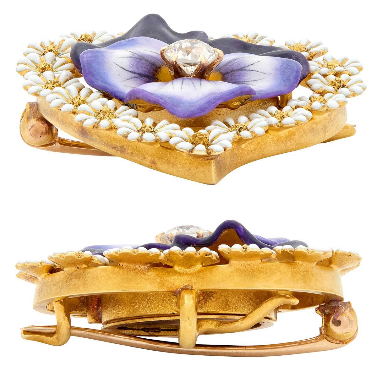 T.B. Starr Victorian 1885 Diamond Enamel 14K Gold Antique Pansy Daisy Brooch