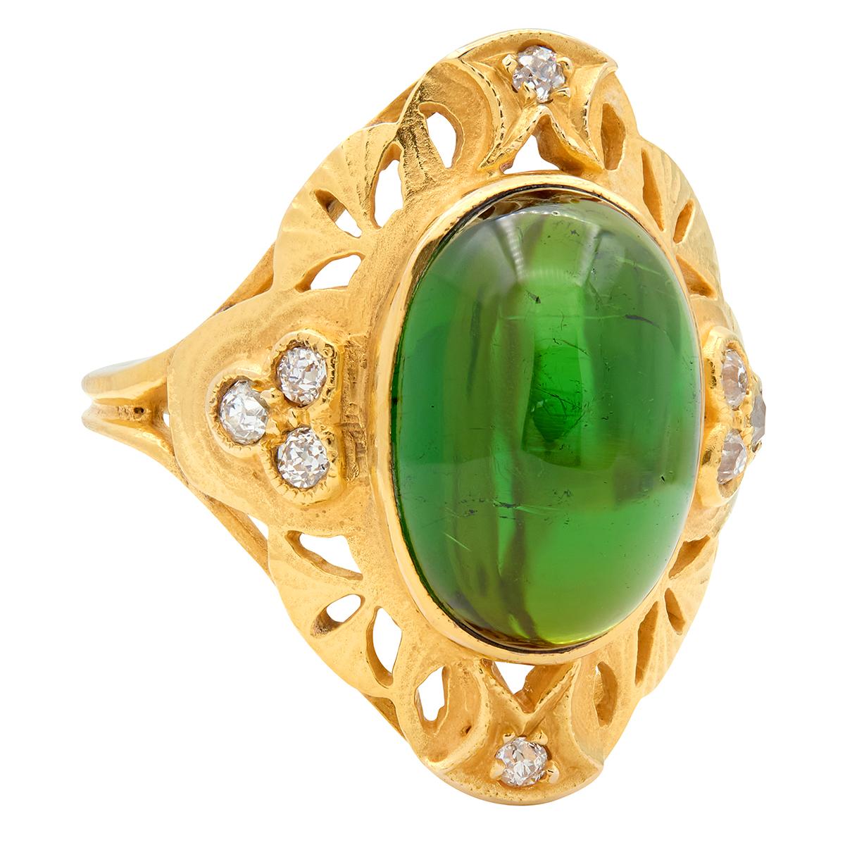 Art Nouveau Tourmaline Diamond 14 Karat Yellow Gold Antique Ginkgo Leaf Ring
