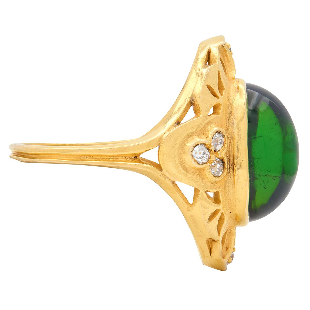 Art Nouveau Tourmaline Diamond 14 Karat Yellow Gold Antique Ginkgo Leaf Ring