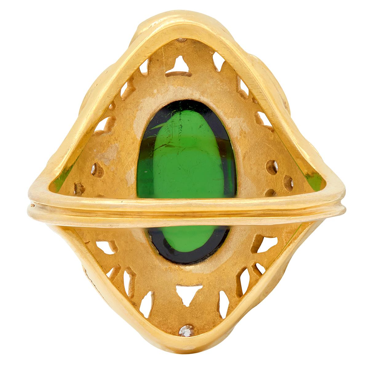 Art Nouveau Tourmaline Diamond 14 Karat Yellow Gold Antique Ginkgo Leaf Ring