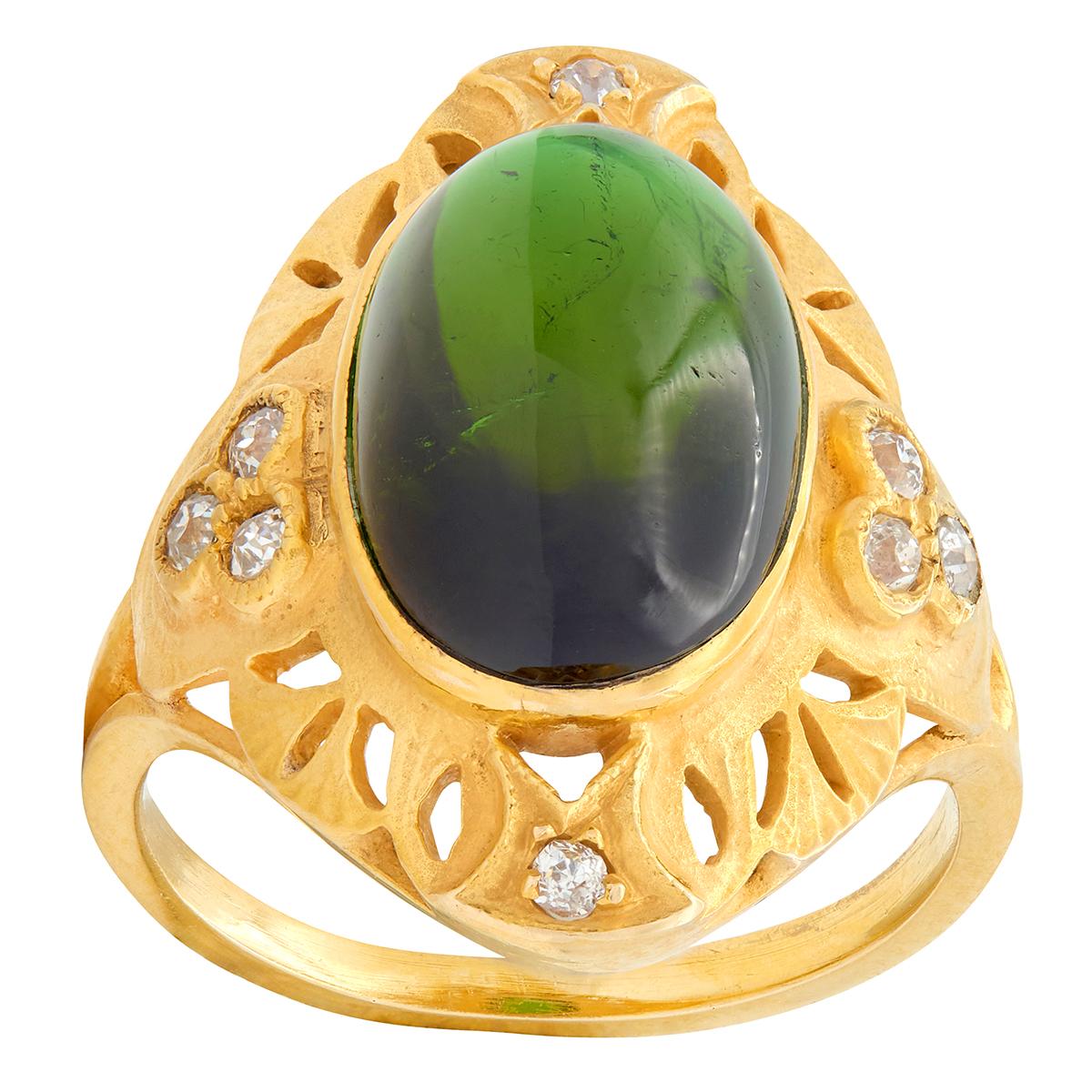 Art Nouveau Tourmaline Diamond 14 Karat Yellow Gold Antique Ginkgo Leaf Ring