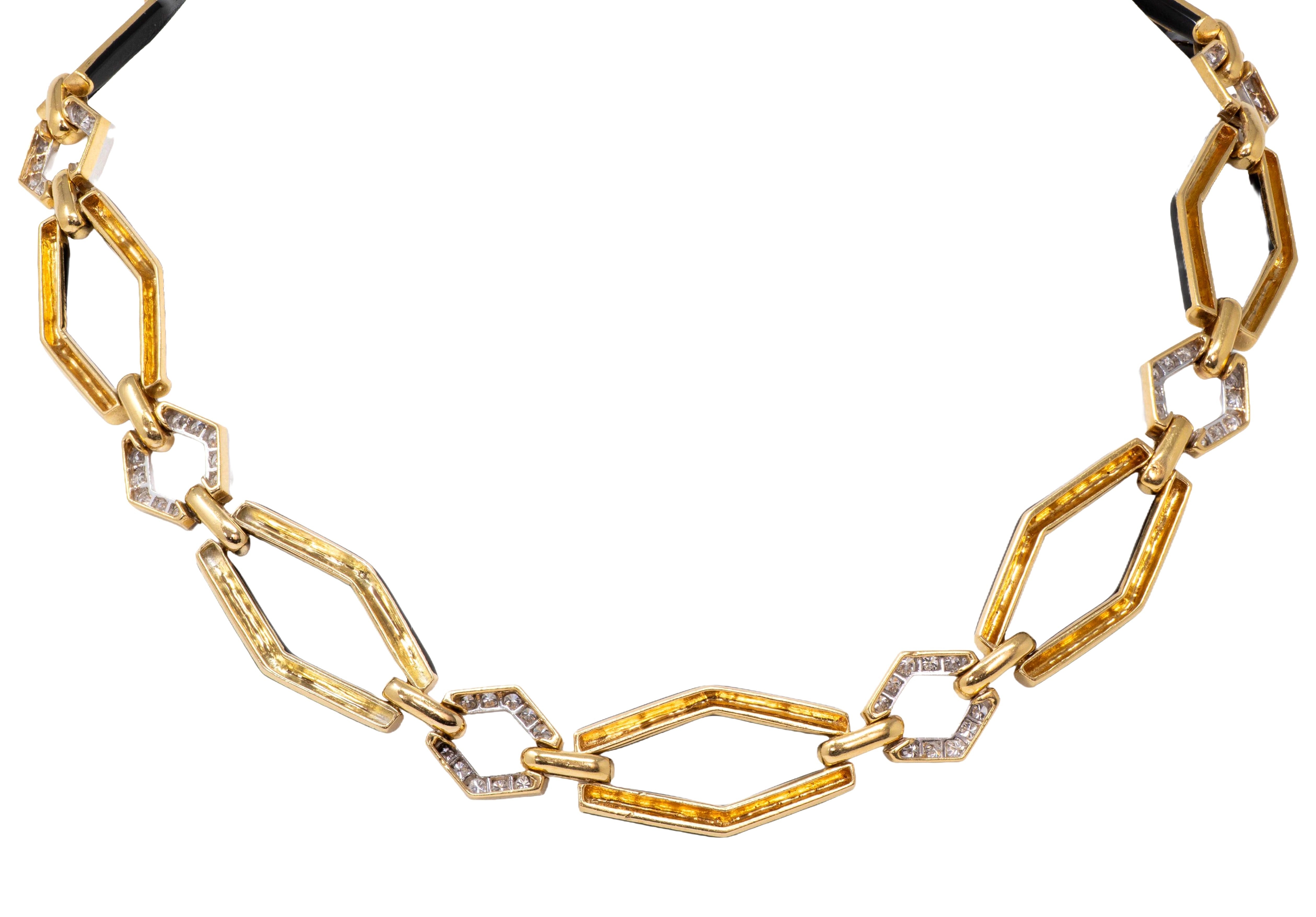 David Webb 1980's Diamond Enamel 18 Karat Yellow Gold Platinum Vintage Navette Link Necklace