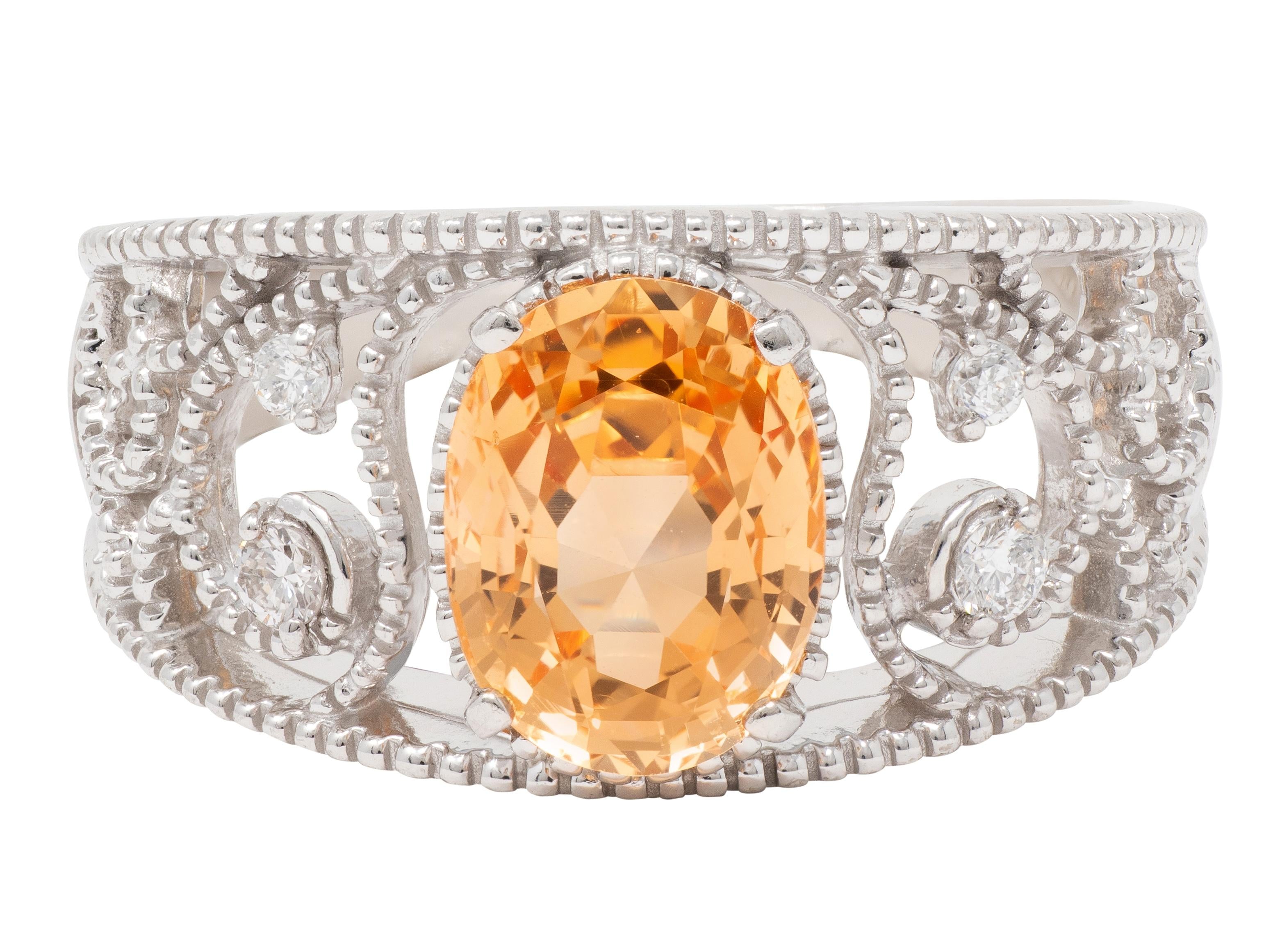 2010's No Heat Ceylon Orange Sapphire 18 Karat White Gold Scrolling Ring GIA