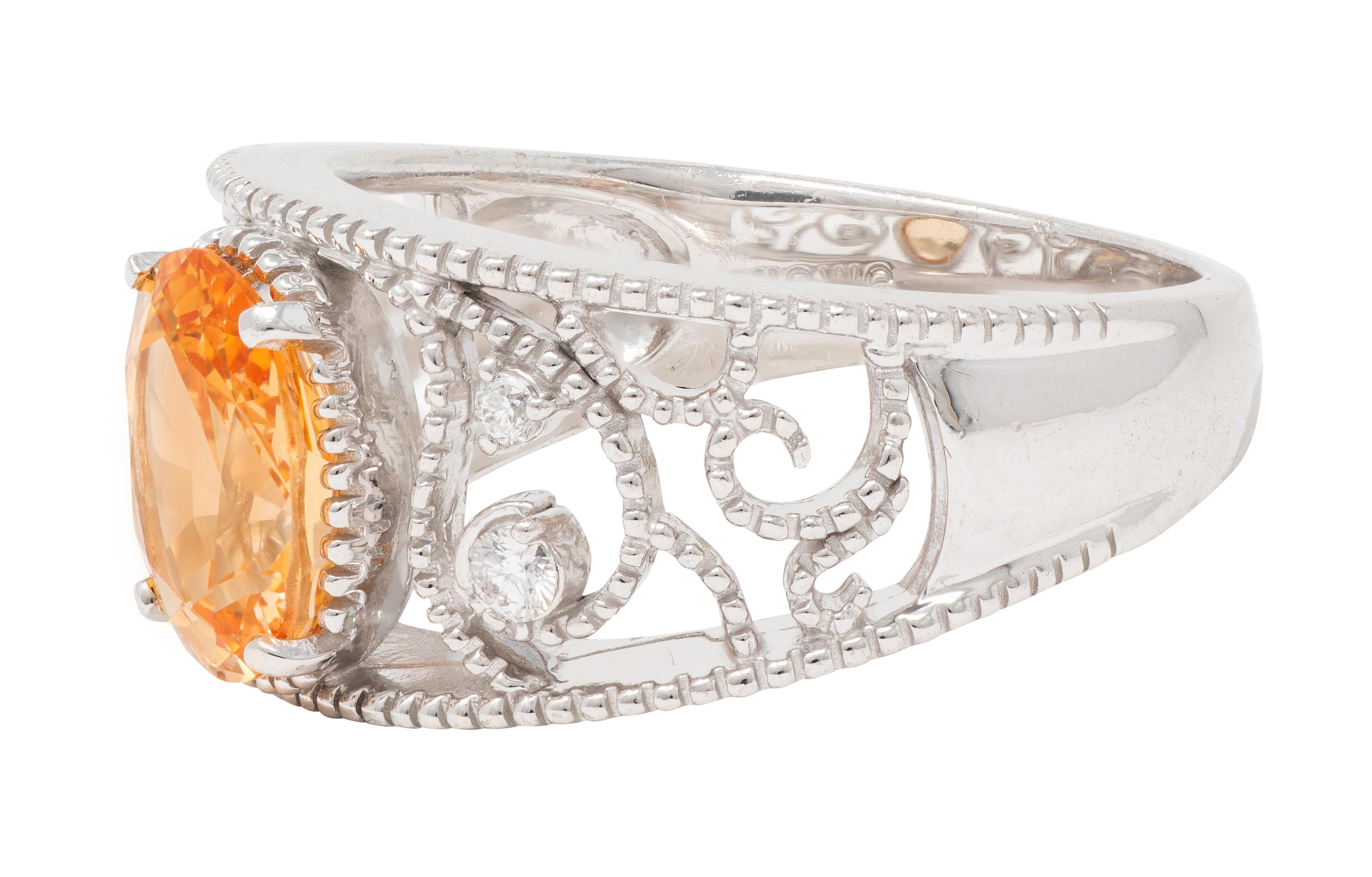 2010's No Heat Ceylon Orange Sapphire 18 Karat White Gold Scrolling Ring GIA