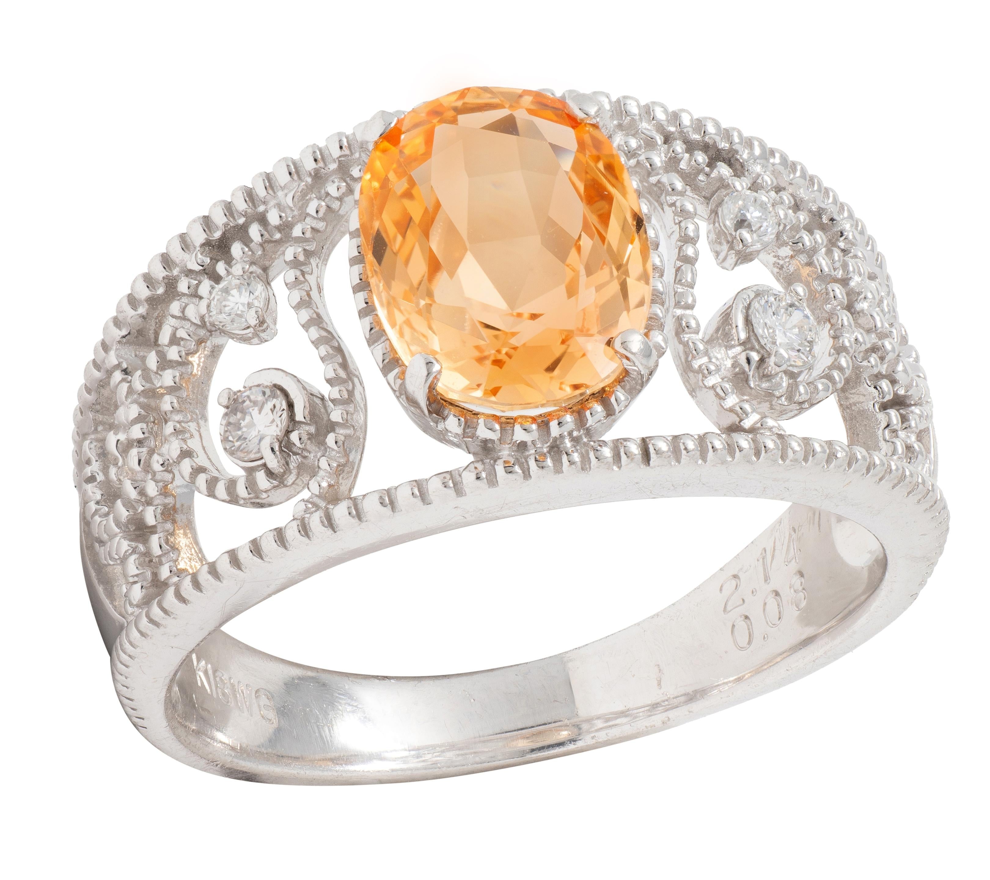 2010's No Heat Ceylon Orange Sapphire 18 Karat White Gold Scrolling Ring GIA