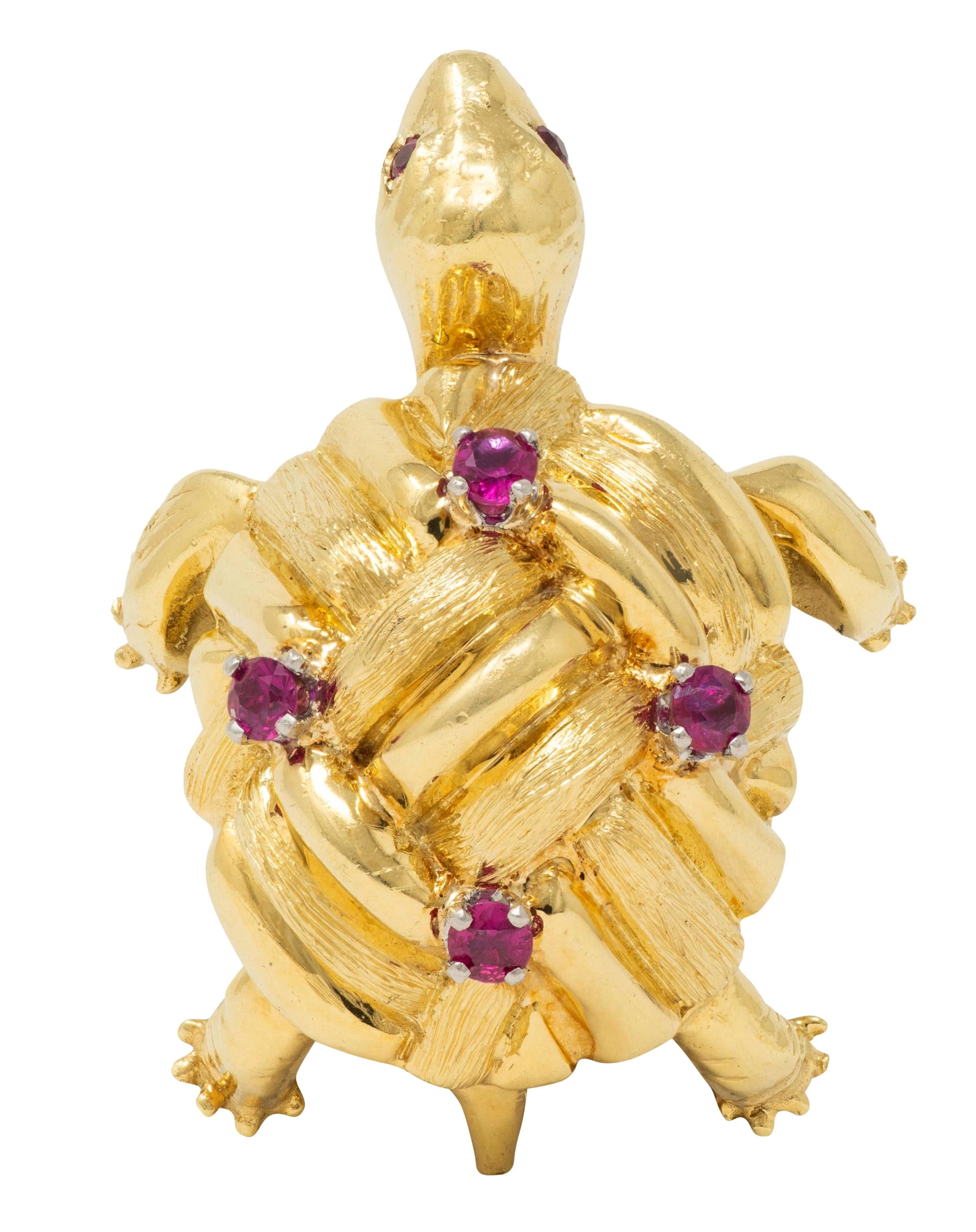 Cartier 1960's Ruby 18 Karat Two-Tone Yellow Gold Vintage Turtle Brooch