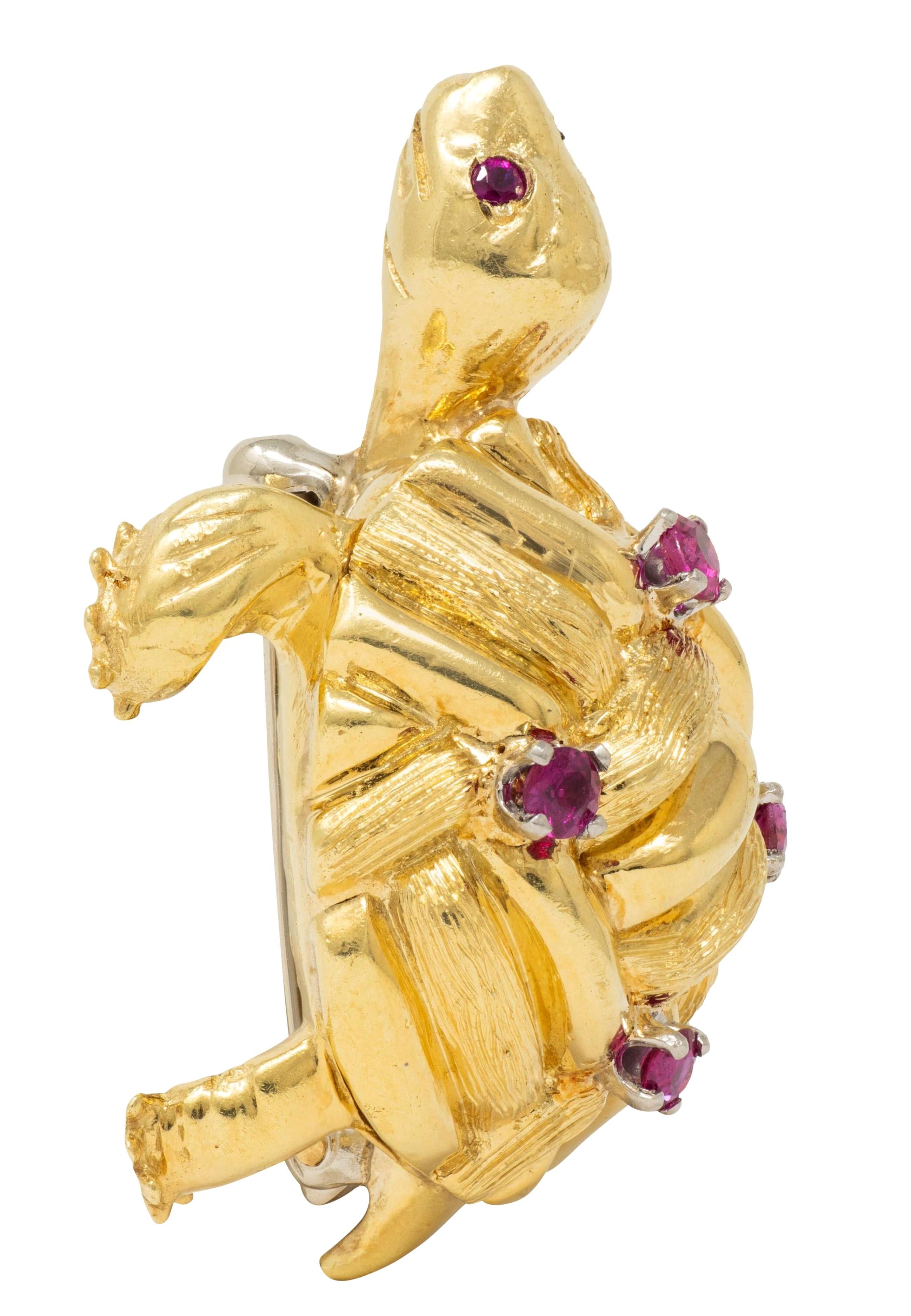 Cartier 1960's Ruby 18 Karat Two-Tone Yellow Gold Vintage Turtle Brooch