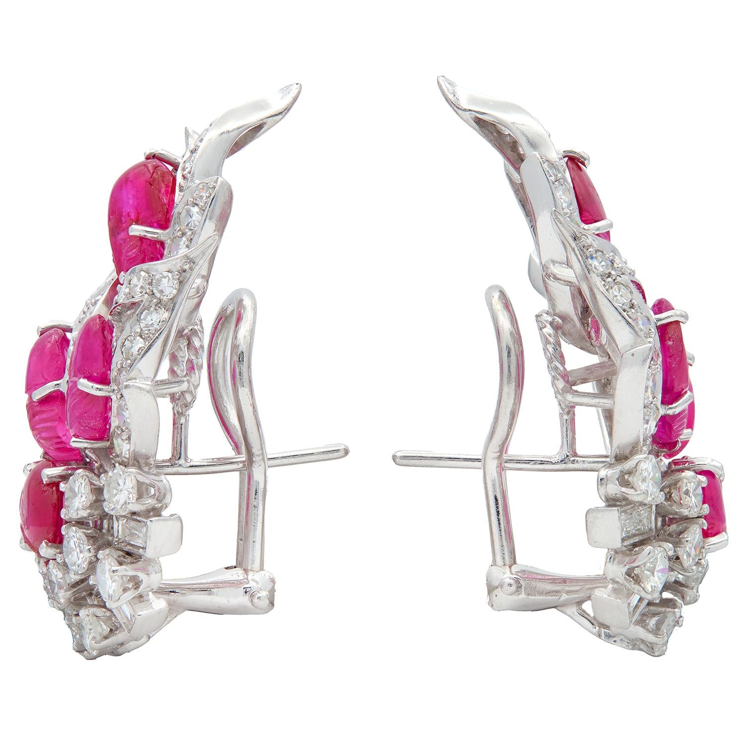 Mid-Century 10.75 CTW Carved Ruby Diamond Platinum Vintage Foliate Spray Earring