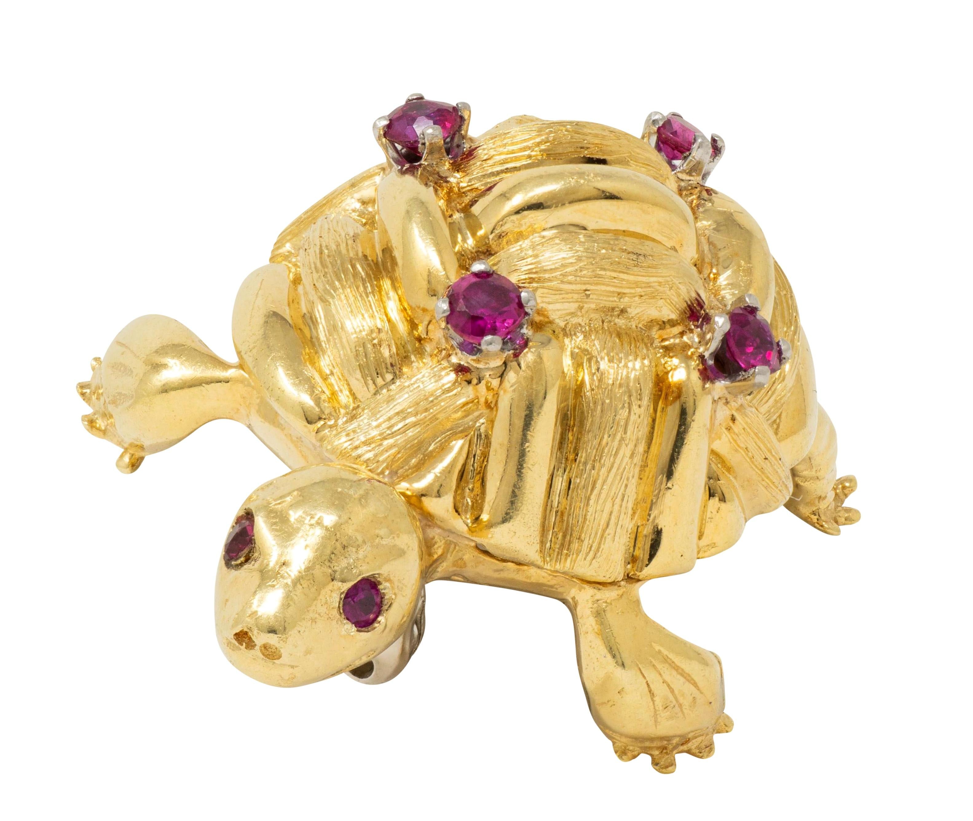 Cartier 1960's Ruby 18 Karat Two-Tone Yellow Gold Vintage Turtle Brooch