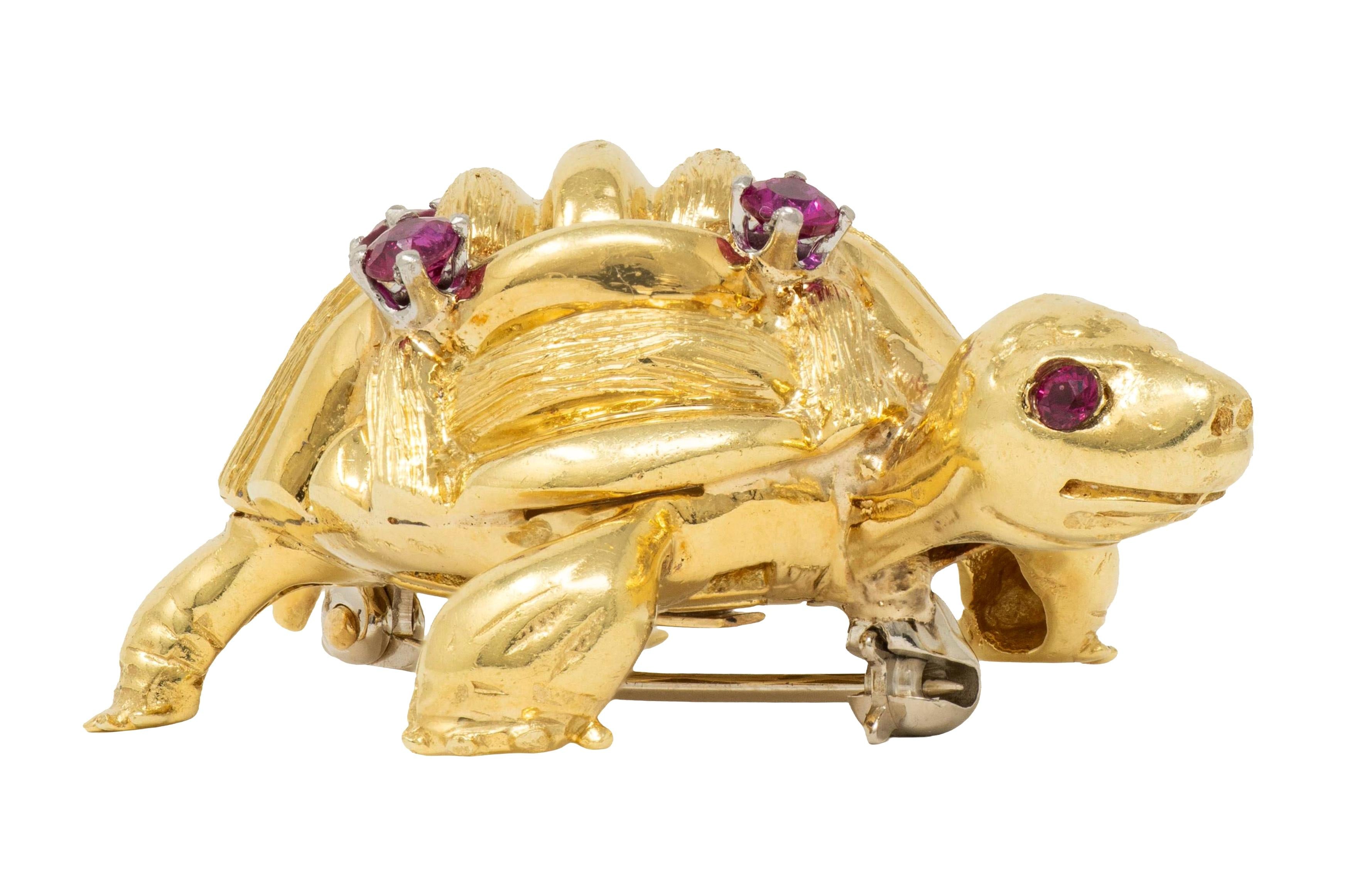 Cartier 1960's Ruby 18 Karat Two-Tone Yellow Gold Vintage Turtle Brooch