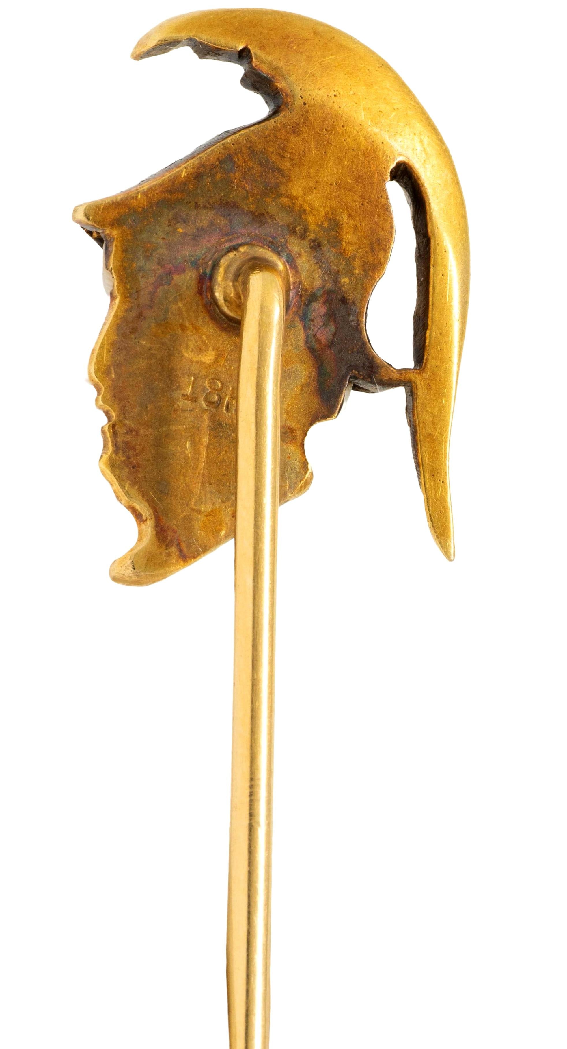 Victorian Shell Diamond 18K Yellow Gold Antique Roman Soldier Cameo Stickpin
