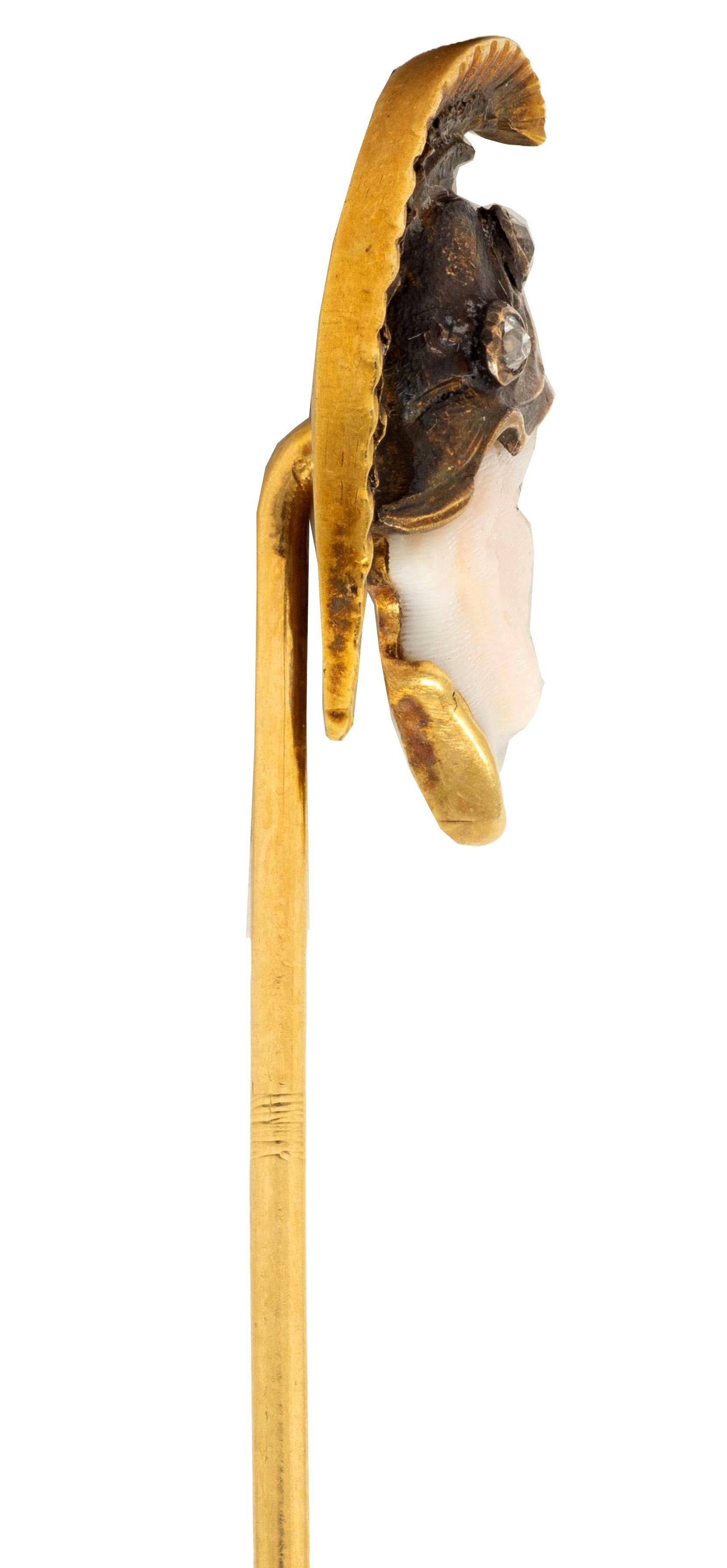 Victorian Shell Diamond 18K Yellow Gold Antique Roman Soldier Cameo Stickpin