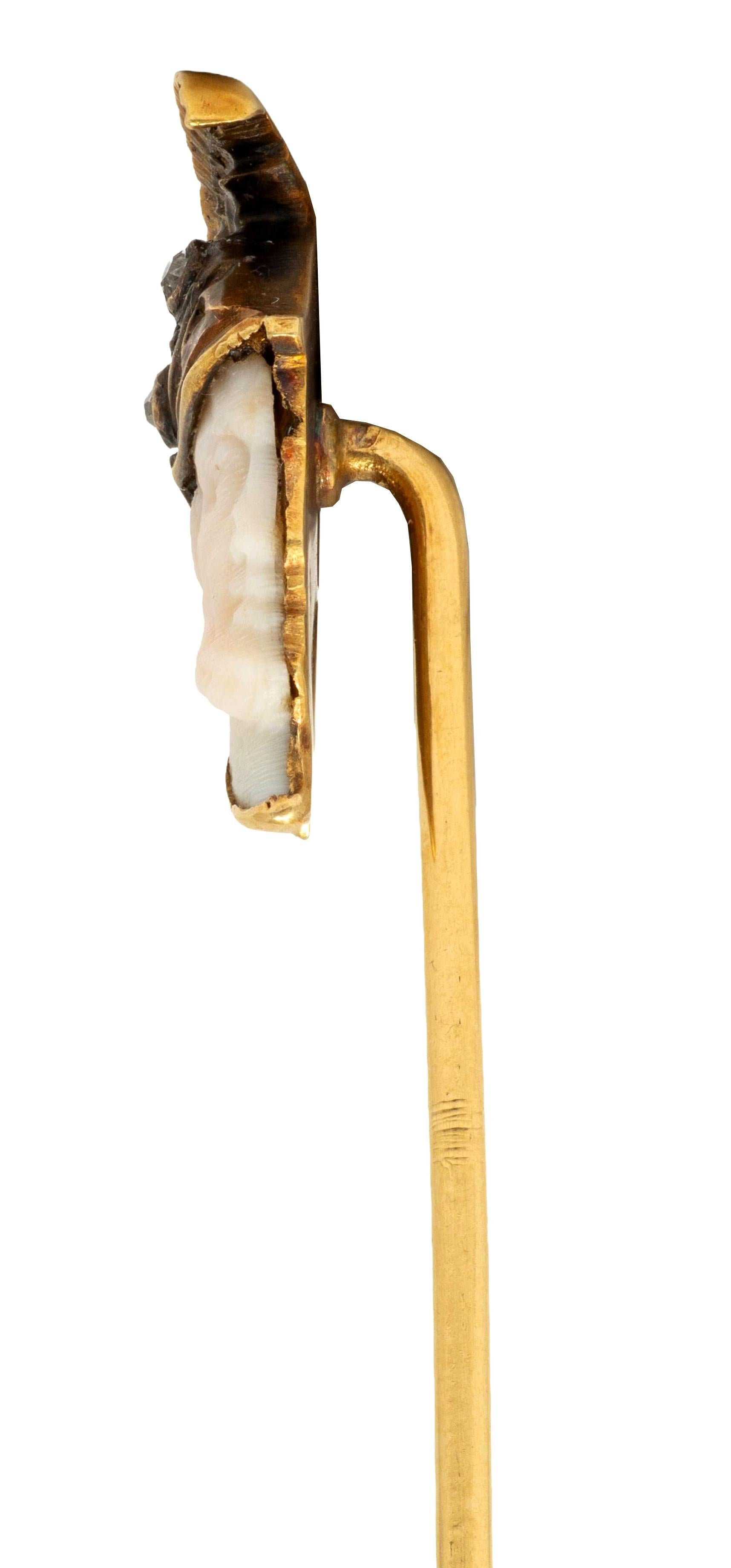 Victorian Shell Diamond 18K Yellow Gold Antique Roman Soldier Cameo Stickpin