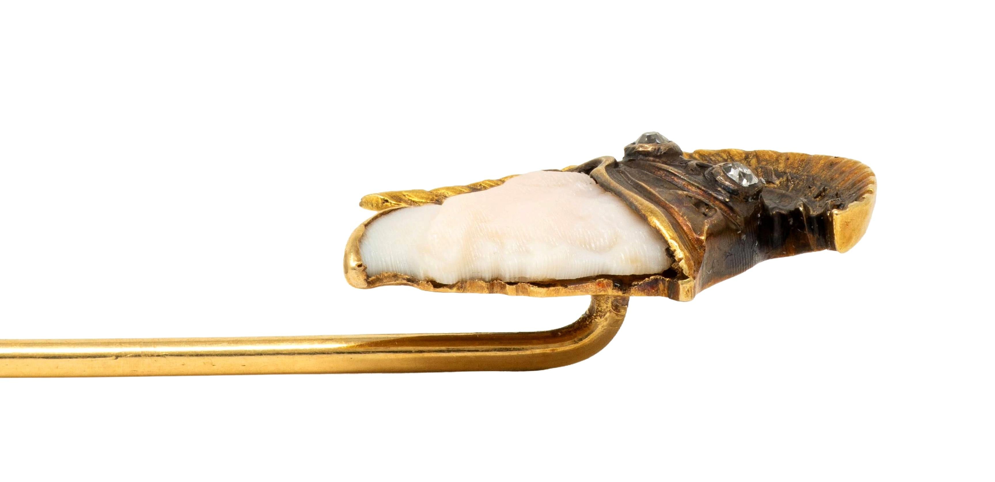 Victorian Shell Diamond 18K Yellow Gold Antique Roman Soldier Cameo Stickpin