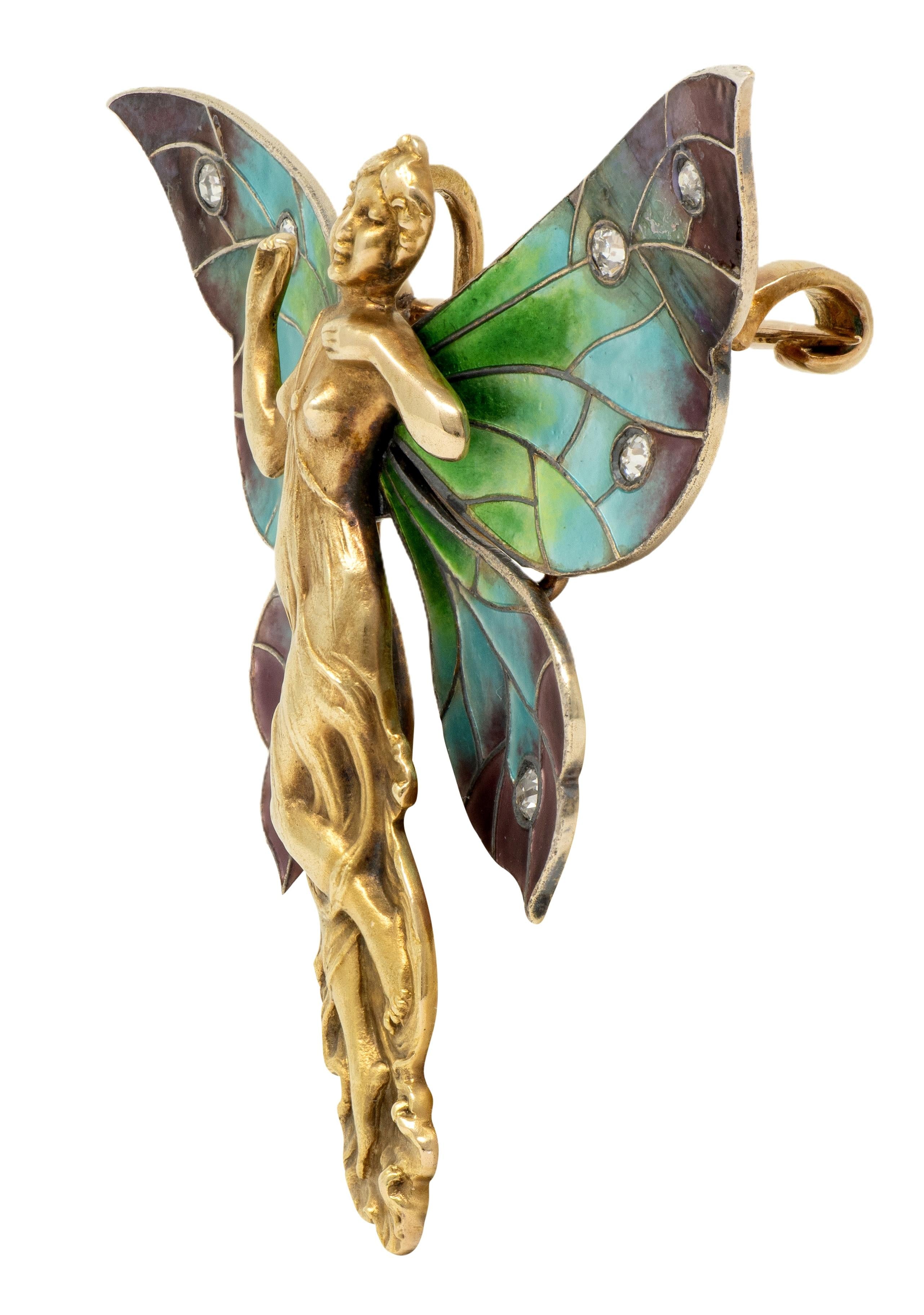 Art Nouveau Diamond Enamel 14 Karat Gold Antique Gibson Girl Fairy Brooch