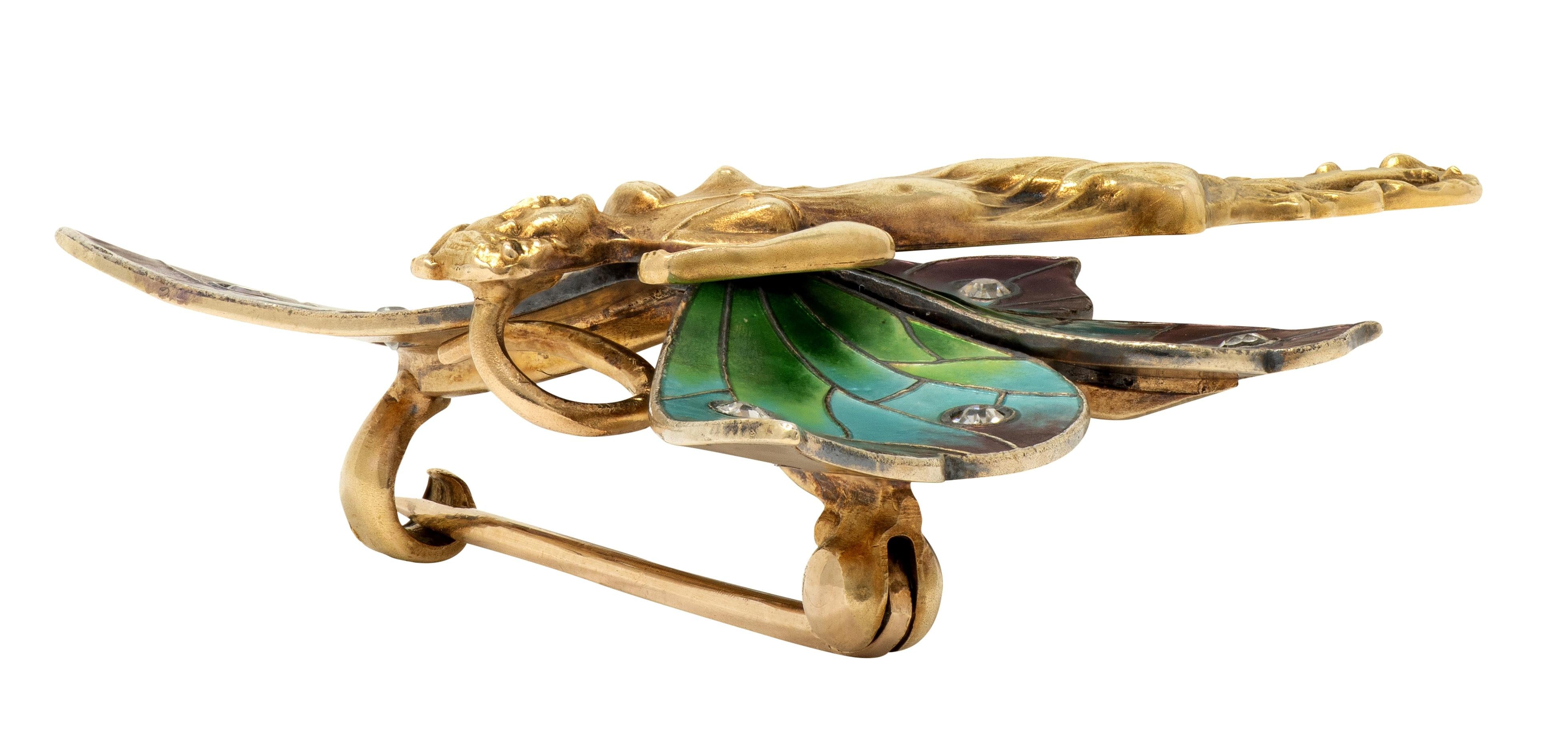 Art Nouveau Diamond Enamel 14 Karat Gold Antique Gibson Girl Fairy Brooch
