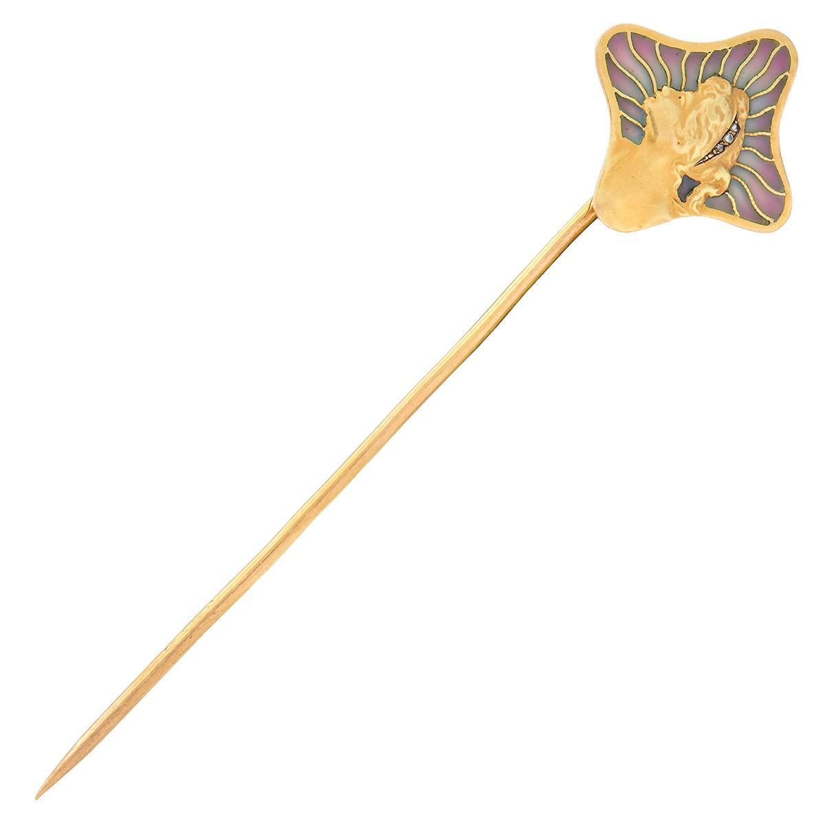 Art Nouveau Diamond Plique-A-Jour Enamel 18K Gold Antique Gibson Girl Stickpin
