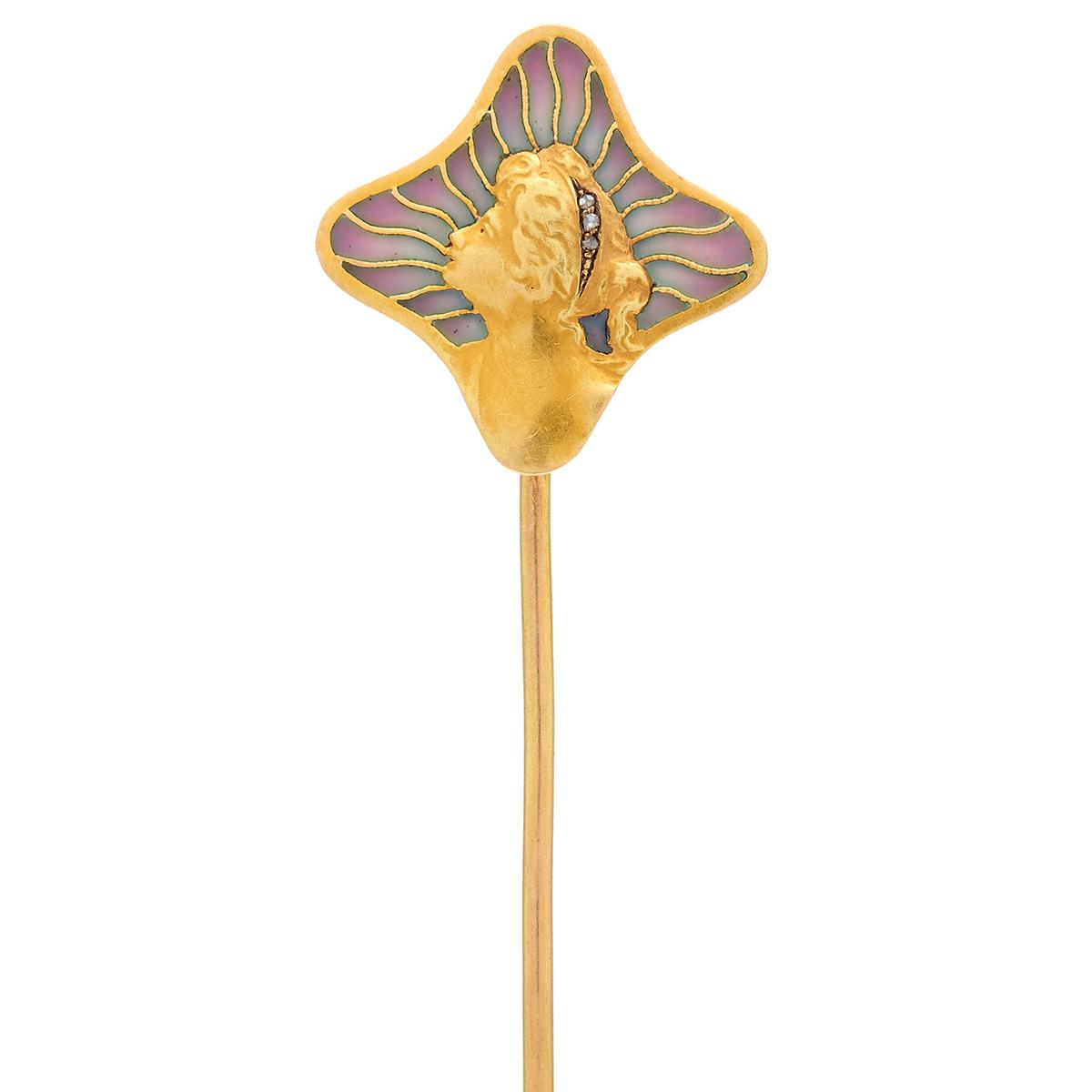 Art Nouveau Diamond Plique-A-Jour Enamel 18K Gold Antique Gibson Girl Stickpin