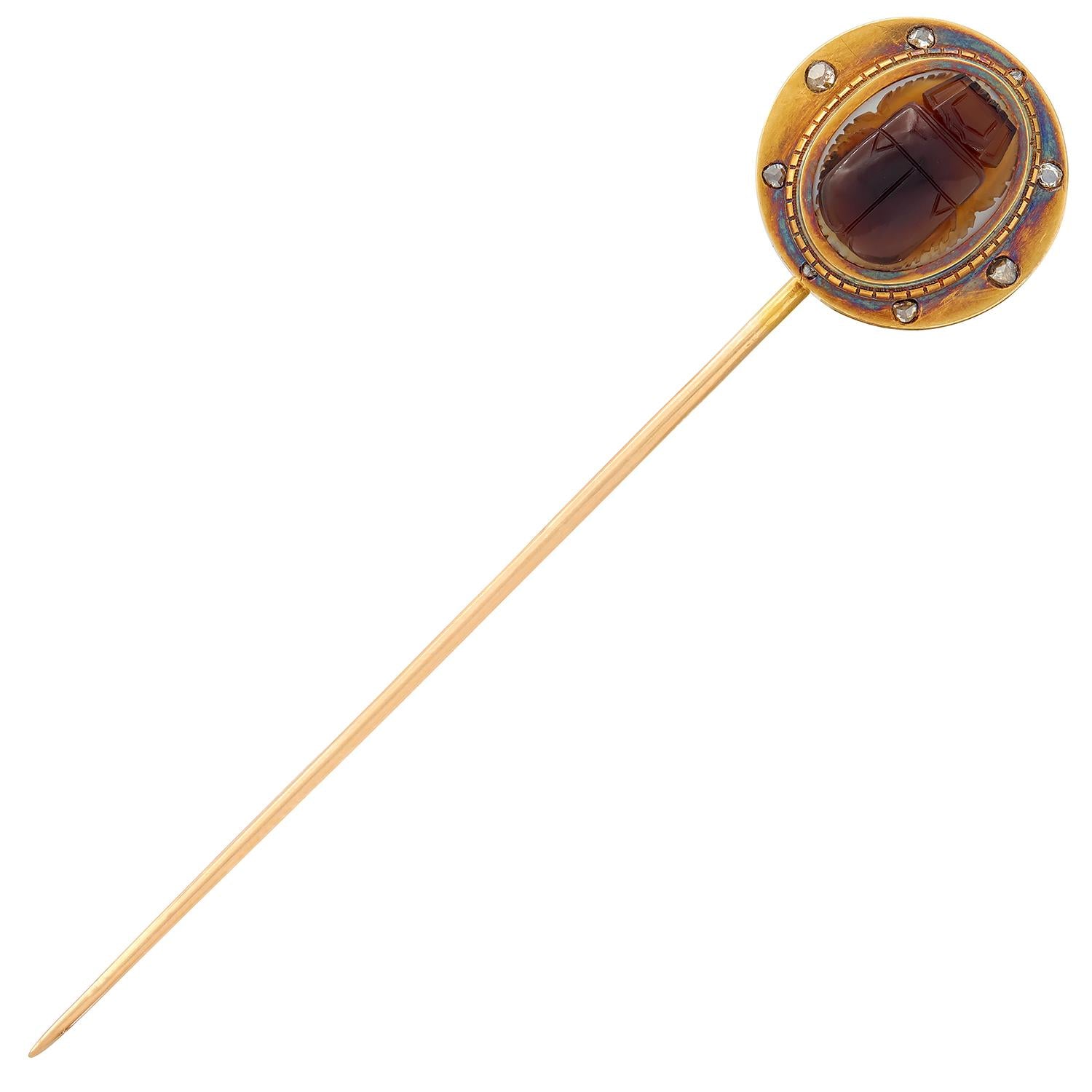 Victorian Egyptian Revival Diamond Agate 18K Gold Antique Scarab Beetle Stickpin
