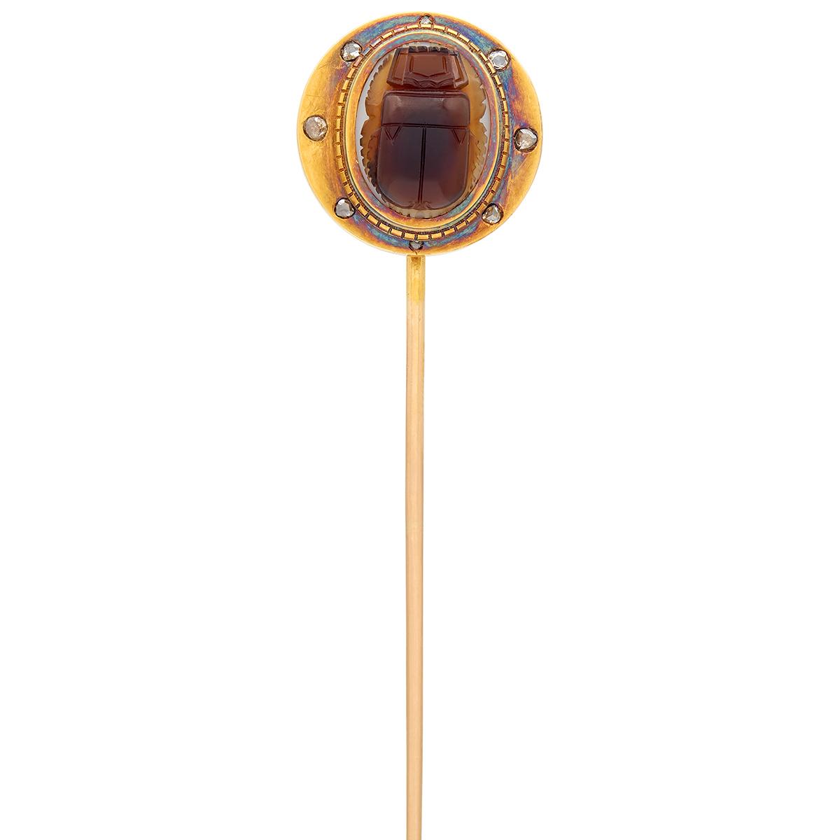Victorian Egyptian Revival Diamond Agate 18K Gold Antique Scarab Beetle Stickpin