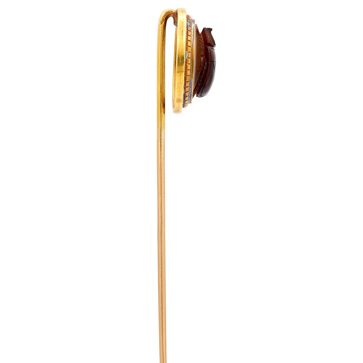 Victorian Egyptian Revival Diamond Agate 18K Gold Antique Scarab Beetle Stickpin