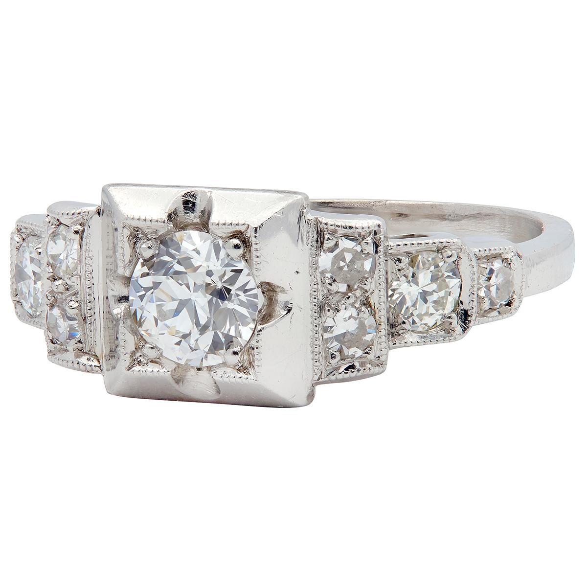 Art Deco 0.50 CTW Old European Diamond Platinum Stepped Vintage Engagement Ring